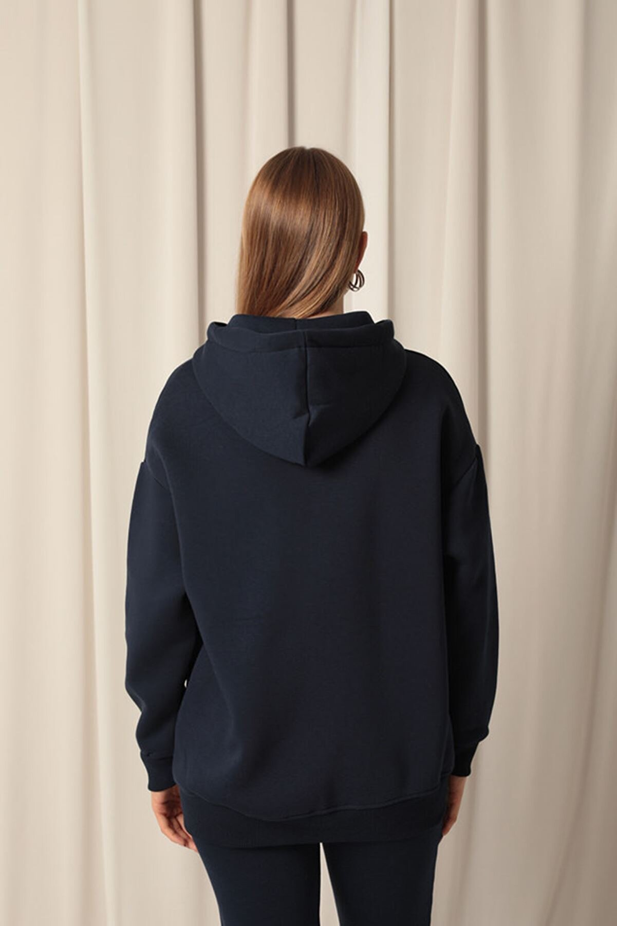 Znd Fashi̇on &Uuml;&ccedil; İpli̇k Kanguru Cep Fermuarlı Kap&uuml;şonlu Kadın Laci̇vert Sweat