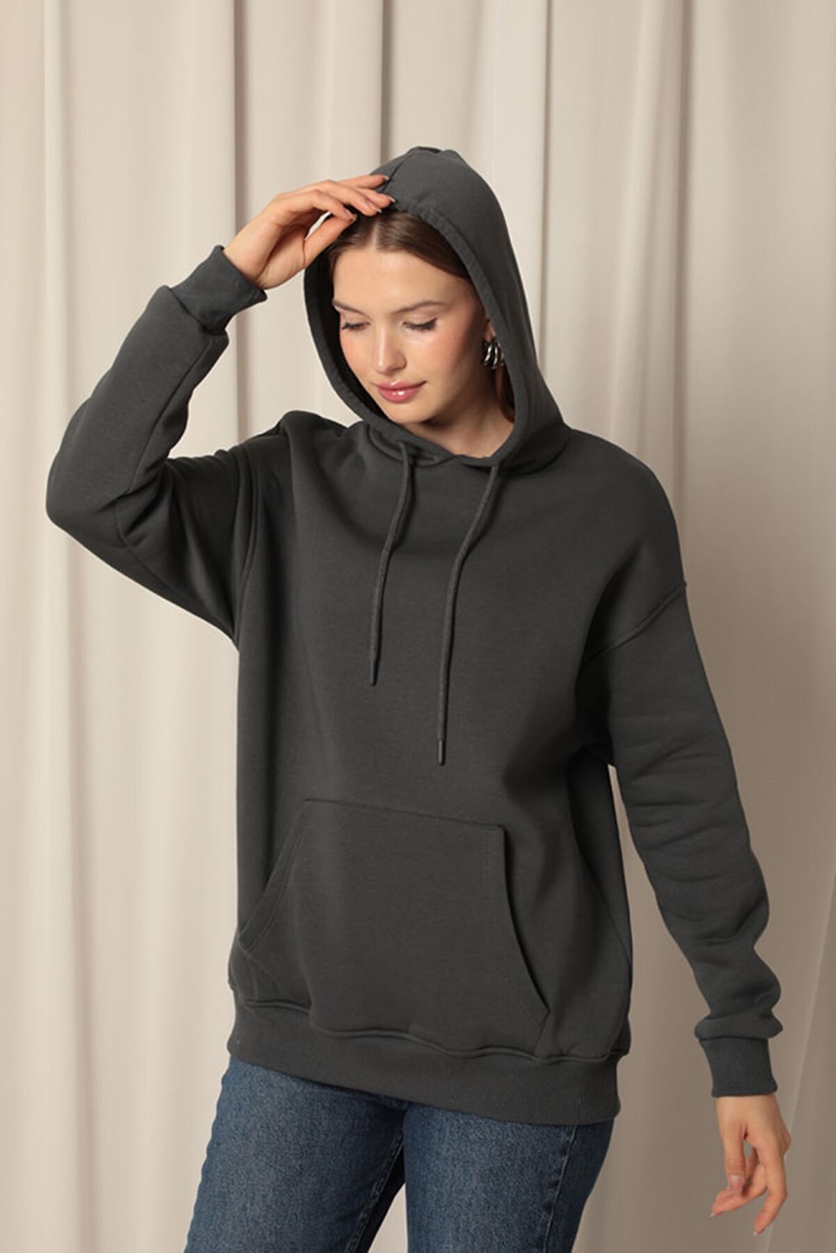 Znd Fashi̇on Gıronda &Uuml;&ccedil; İpli̇k Kanguru Cep Kap&uuml;şonlu Kadın Antrasi̇t Sweat