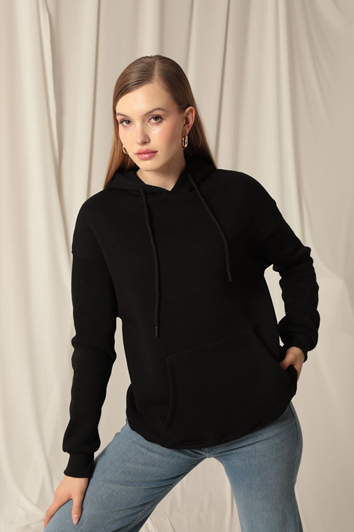 Znd Fashi̇on &Uuml;&ccedil; İpli̇k Kanguru Cep Kap&uuml;şonlu Kadın Si̇yah Sweat