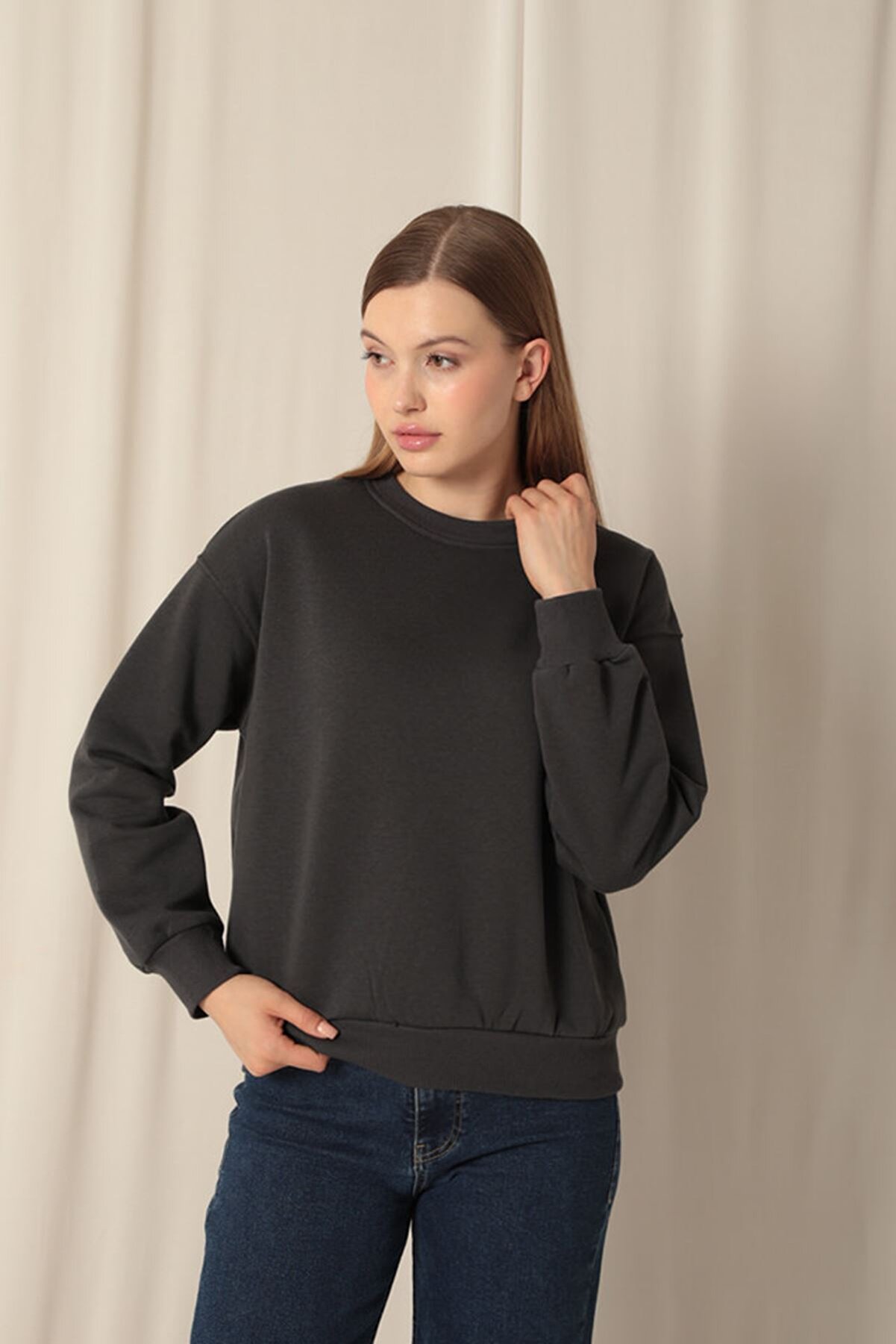 Znd Fashi̇on &Uuml;&ccedil; İpli̇k Kumaş Basıc Kadın Antrasi̇t Sweat