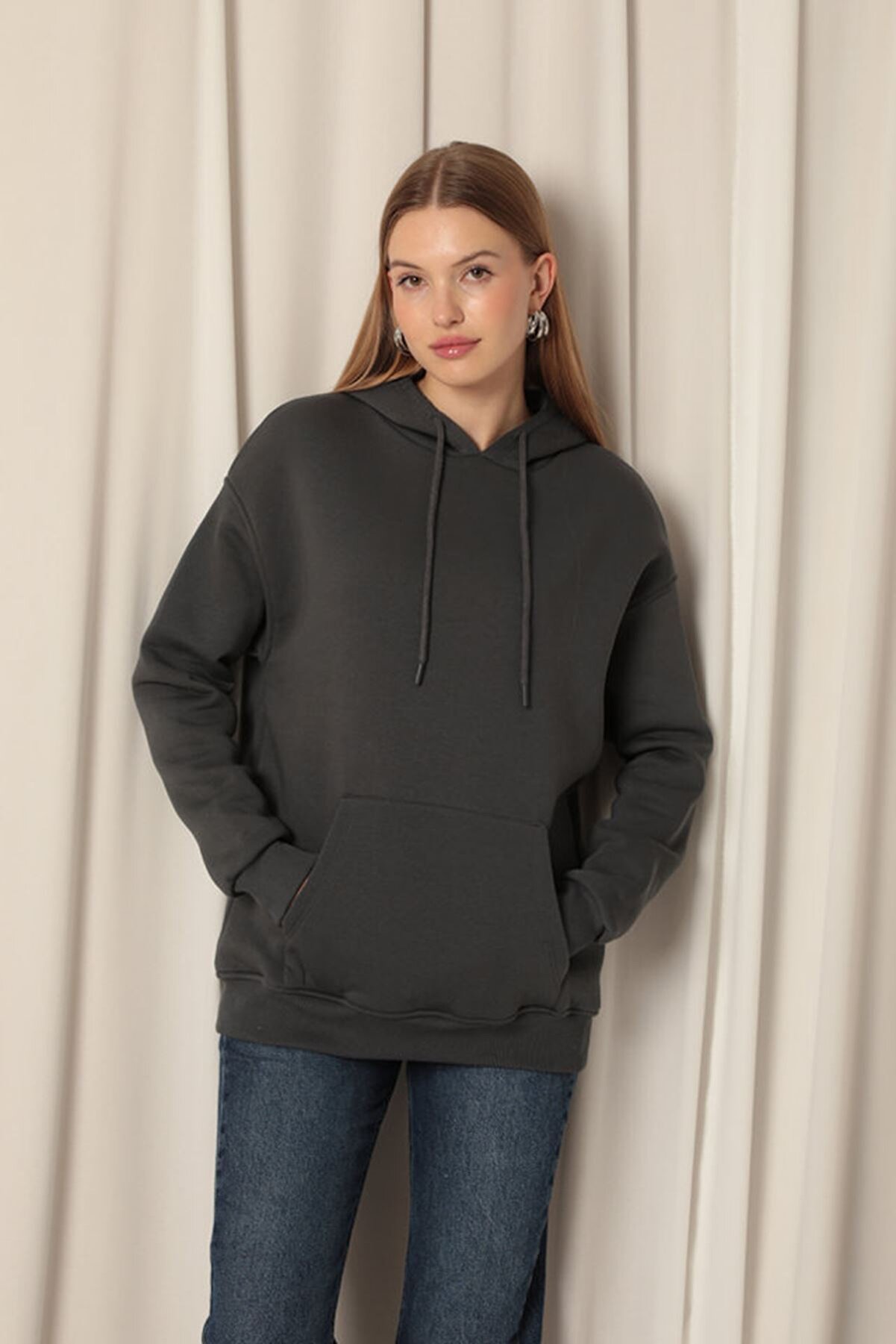 Znd Fashi̇on Gıronda &Uuml;&ccedil; İpli̇k Kanguru Cep Kap&uuml;şonlu Kadın Antrasi̇t Sweat