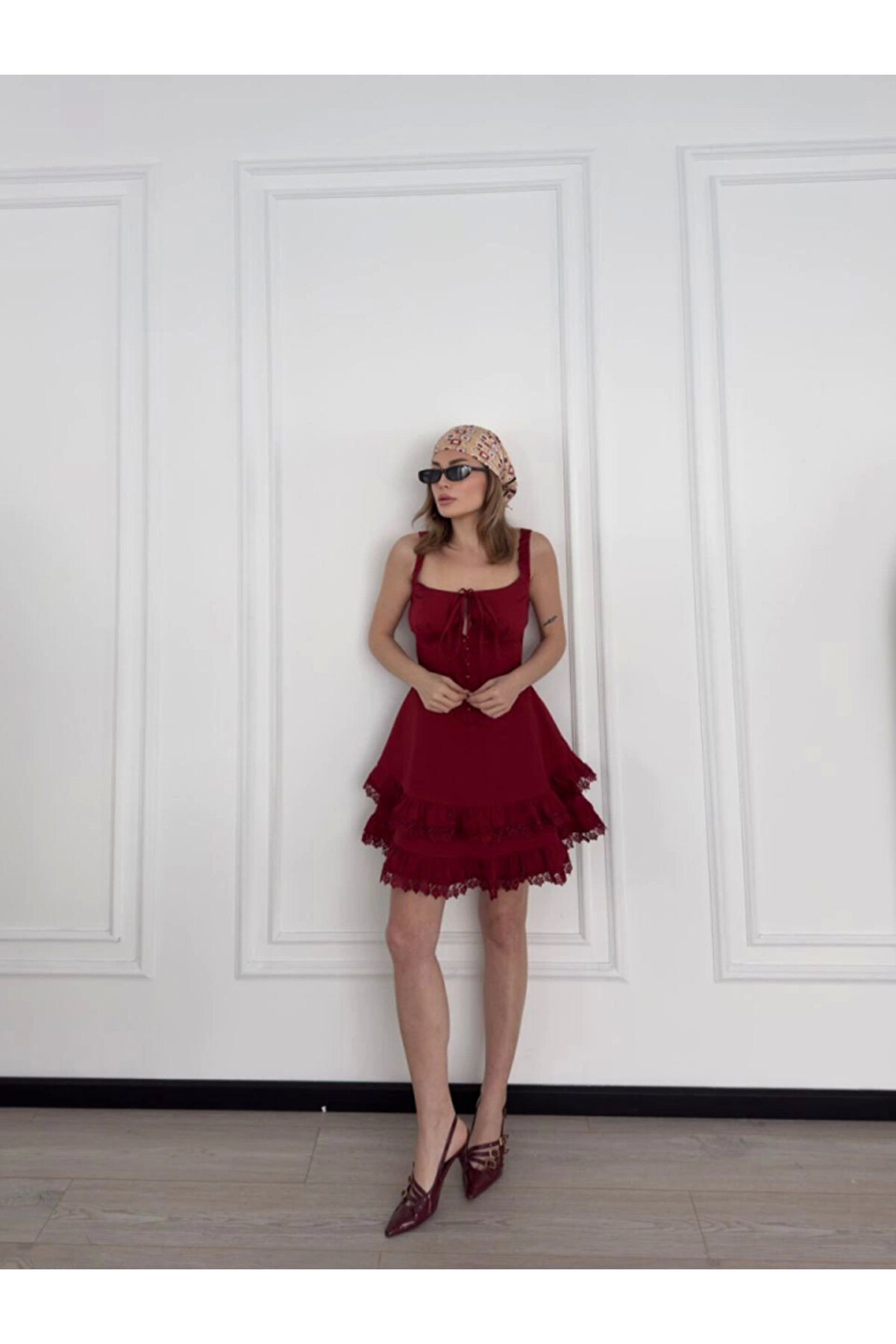 FantaziAtölyesi Leyaa Mini Askılı Elbise - Bordo