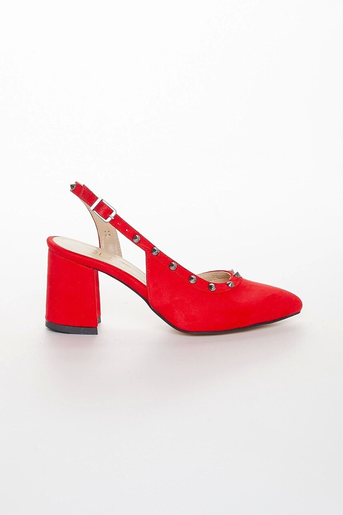 Gult Kadın Kırmızı Süet Klasi̇k Kalın Kısa Topuklu Yazlık Ayakkabı -Trok1025