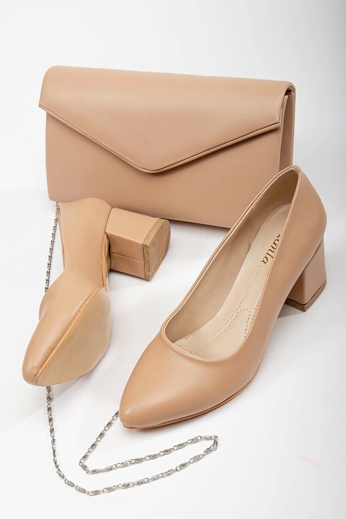 Gult Kadın Klasi̇k Kısa Sti̇letto Ve Çanta Takımı Nude