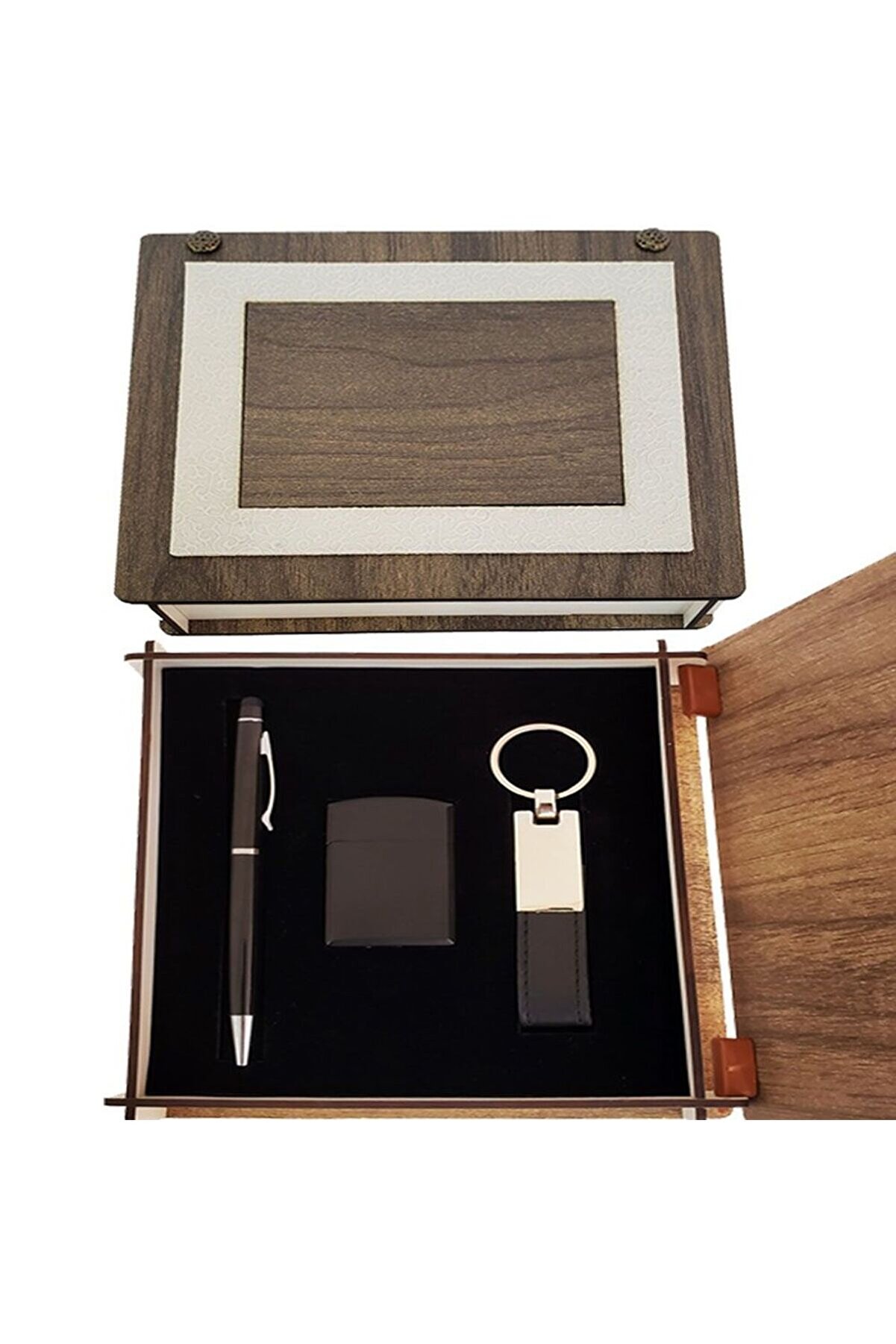 evimdeyokyok Özel Ahşap Kutulu Siyah Anahtarlık Kalem Ve Çakmak Set Tdrtr