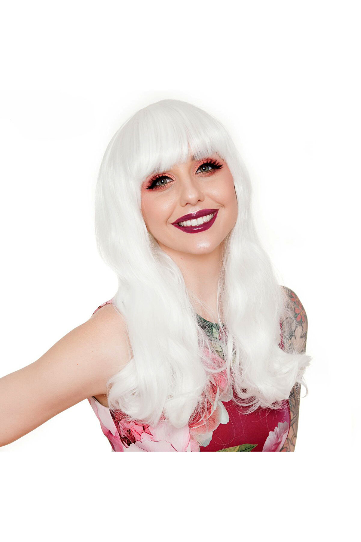 evimdeyokyok Beyaz Renk Kahküllü Dalgalı Uzun Parti Peruğu Tdrtr