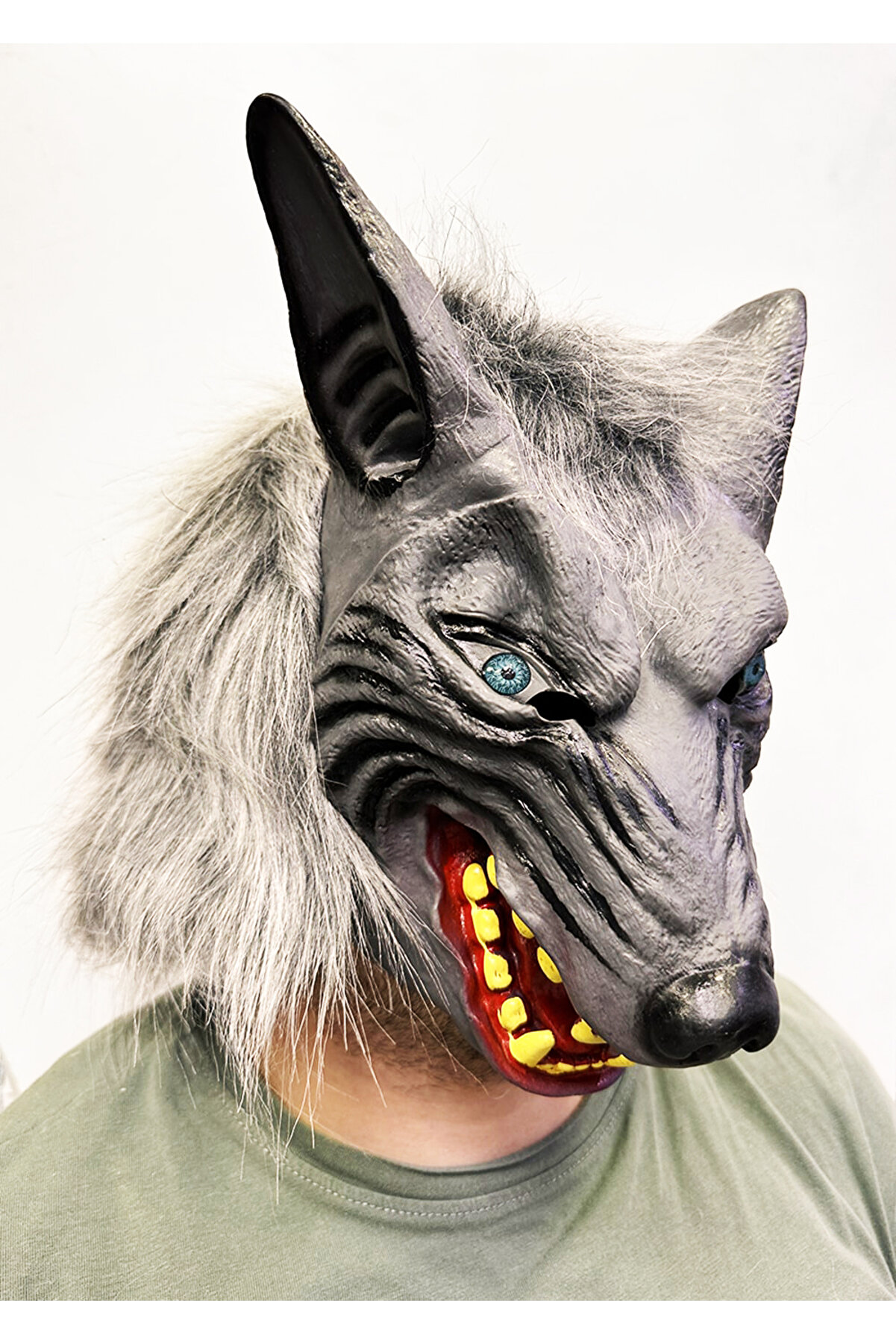 Go İthalat Kafaya Tam Ge&ccedil;meli̇ Lateks Mavi̇ G&ouml;zl&uuml; Di̇şli̇ Ağzı A&ccedil;ık Kurt Maskesi̇ (5258)