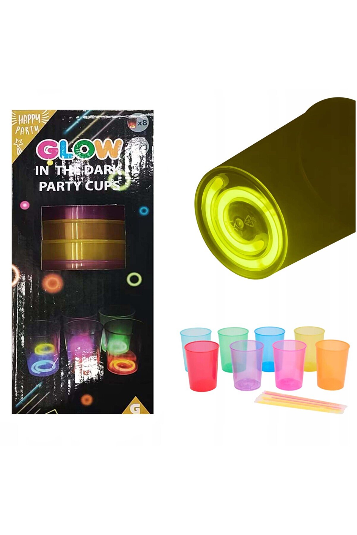 Go İthalat Karanlıkta Yanan Gece Işığı Mega Glow Bardaklar 8 Adet 8.5 X 10.5 Cm (5258)