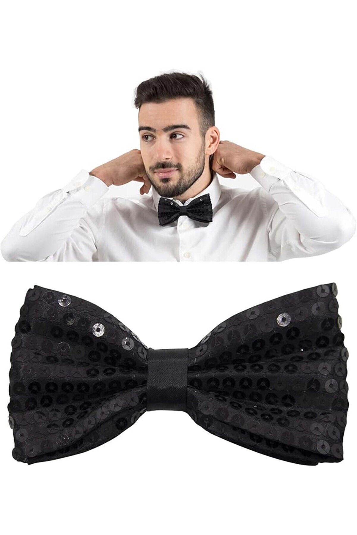 Go İthalat Gece Işıltısı Si̇yah Payetli̇ Pullu Papyon 7X2 Cm (5258)