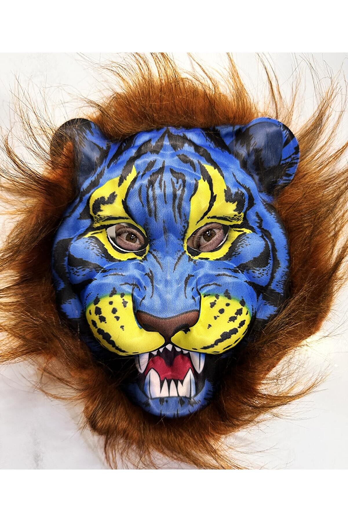 Go İthalat Kahverengi̇ Yeleli̇ Sa&ccedil;lı Mavi̇ Y&uuml;zl&uuml; Kurt Kaplan Maskesi̇ Mega Peluş 38 No (5258)