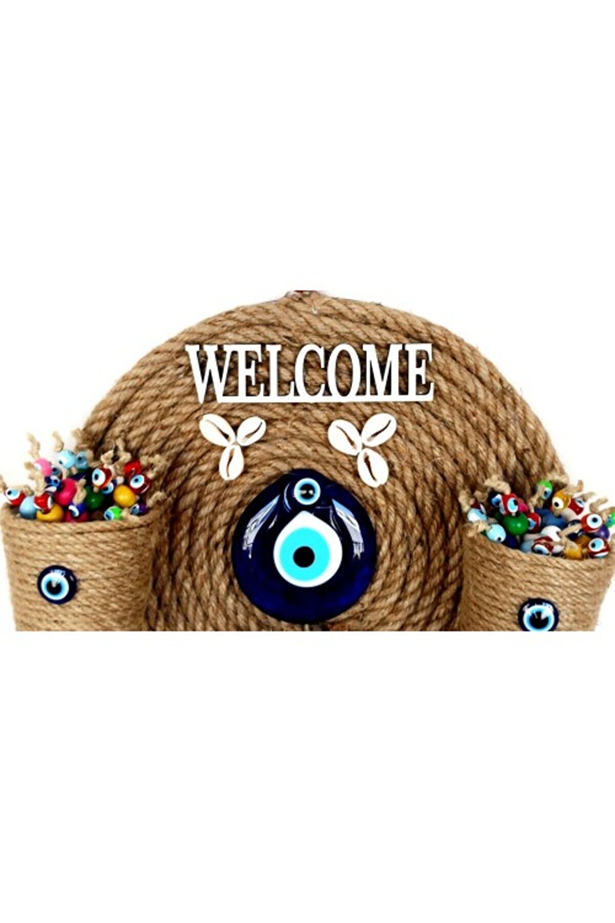 Üç Saksılı Welcome Yazılı Deni̇z Kabuklu Nazar Boncuklu Hasır Kapı Süsü