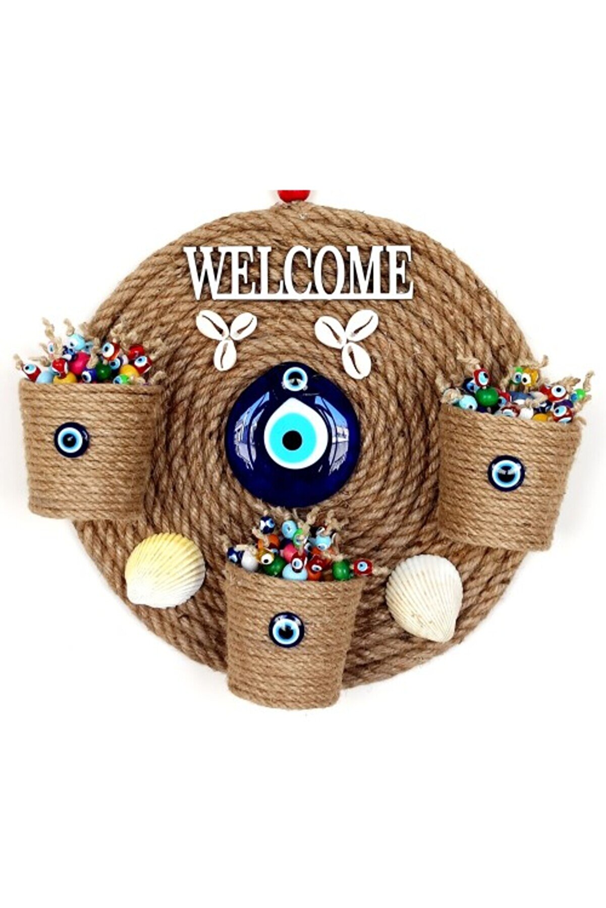 Üç Saksılı Welcome Yazılı Deni̇z Kabuklu Nazar Boncuklu Hasır Kapı Süsü
