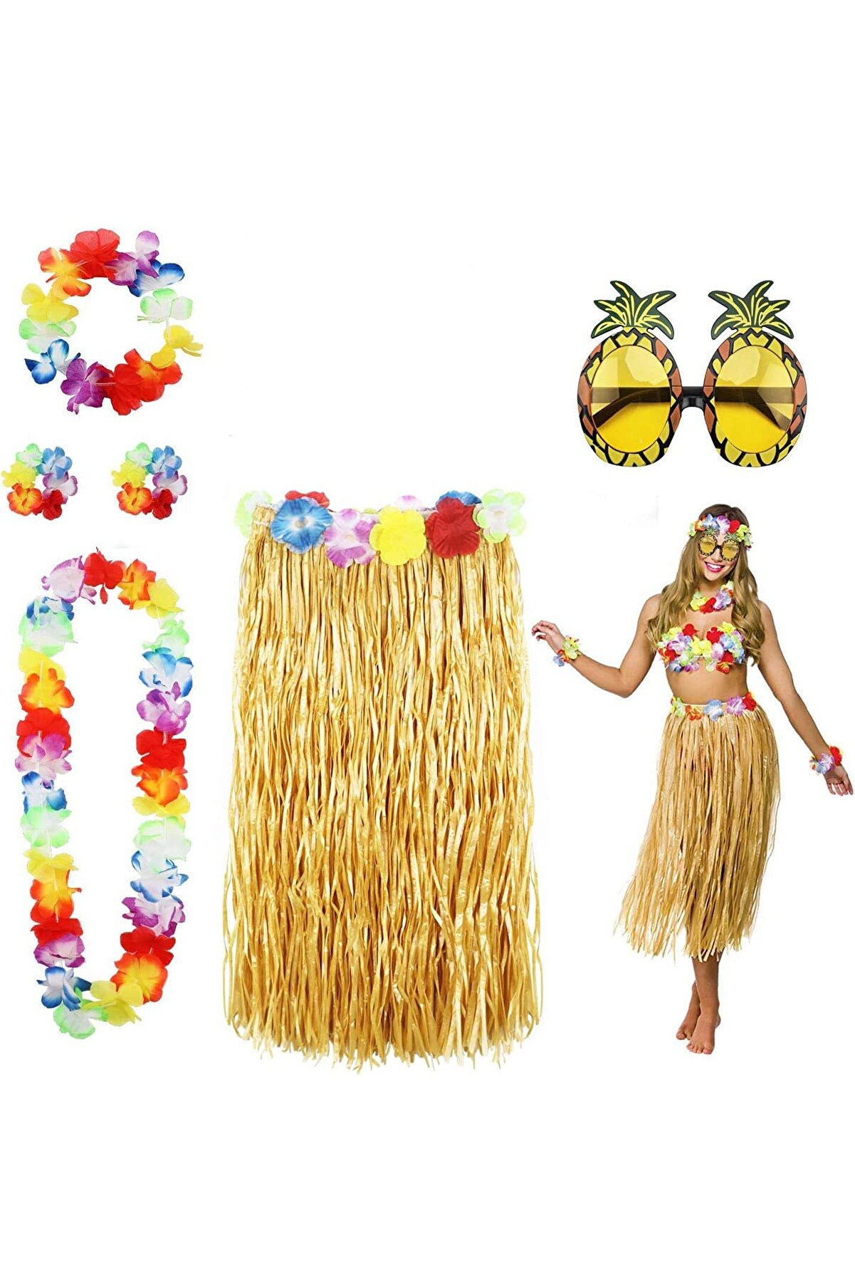 evimdeyokyok Hawaii Parti Kostüm Seti - 60 cm Hasır Etek, Çiçekli Aksesuarlar ve Ananas Gözlük TdrTR