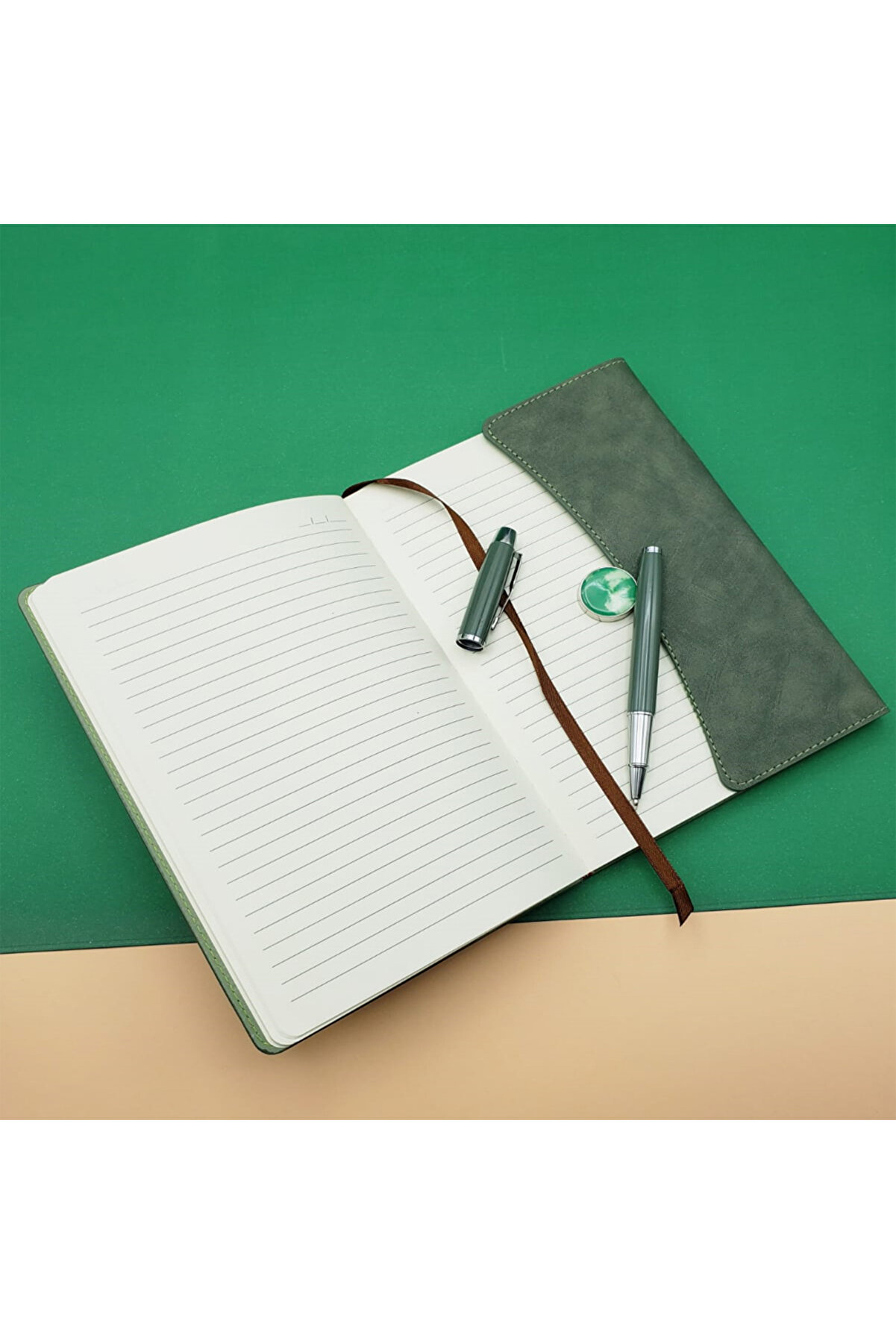 Özel Kutulu Deri̇ Defter Ve Roller Kalem Seti̇ Yeşi̇l