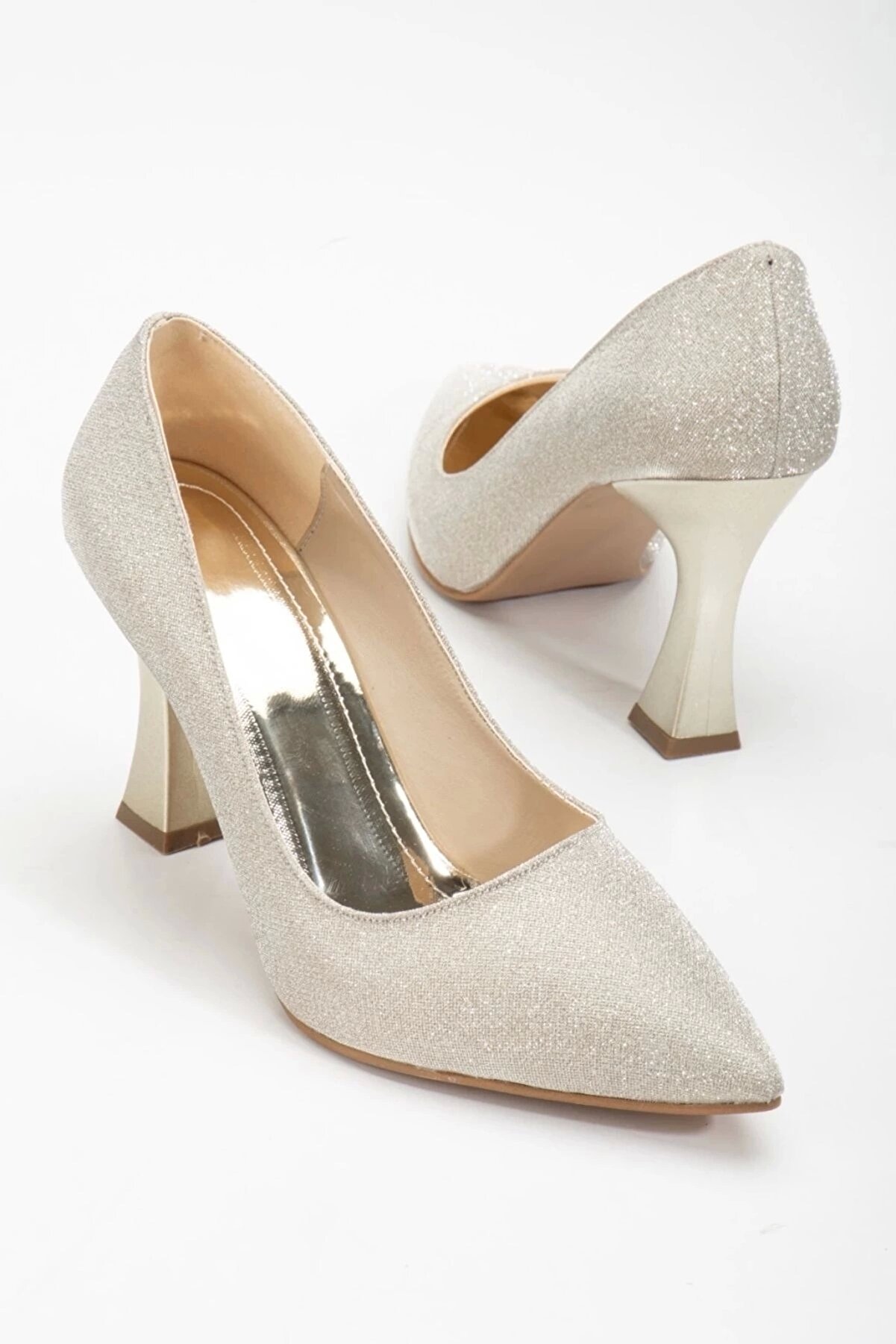 Lulo Kadın Şık Tarz 9 Cm Özel Üreti̇m Kalın Topuklu Sti̇letto Ve Çanta Takımı Altın