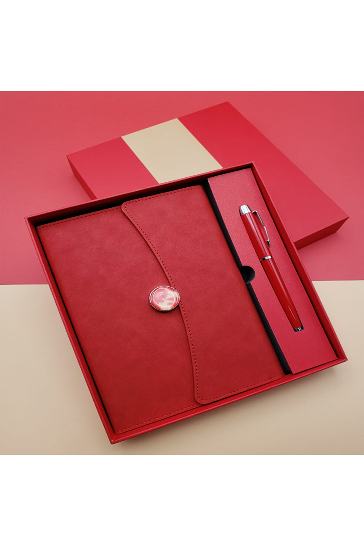 evimdeyokyok Çizgili Defter Ve Metal Kalem Seti Kırmızı