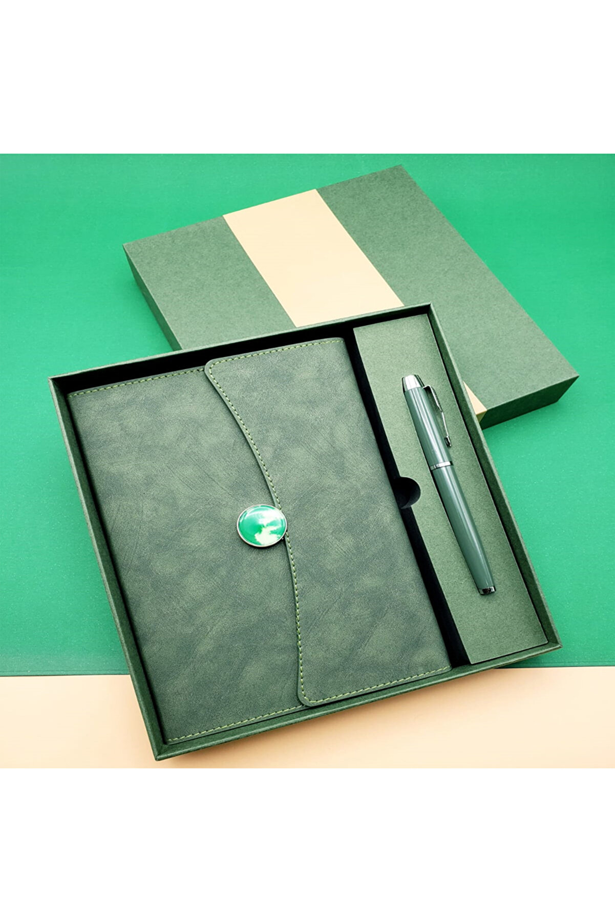 evimdeyokyok Özel Kutulu Deri Defter Ve Roller Kalem Seti Yeşil