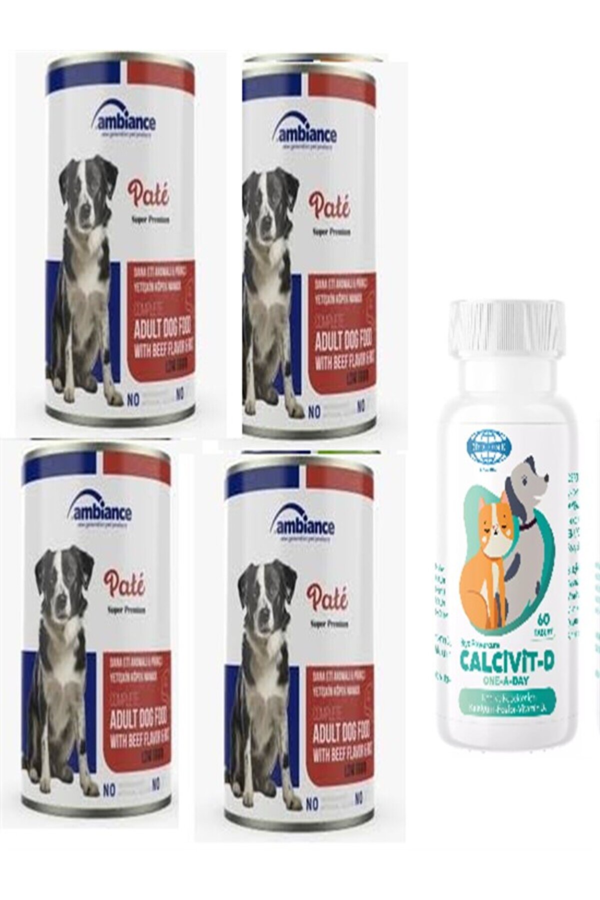 Ambi̇ance K&ouml;pek Kuzu Etli̇ Konserve Yaş Mama 415 Gr X 4 Adet + K&ouml;pekleri̇ni̇z İ&ccedil;i̇n Kalci̇vi̇t D Vi̇tami̇ni̇ 60 Tablet