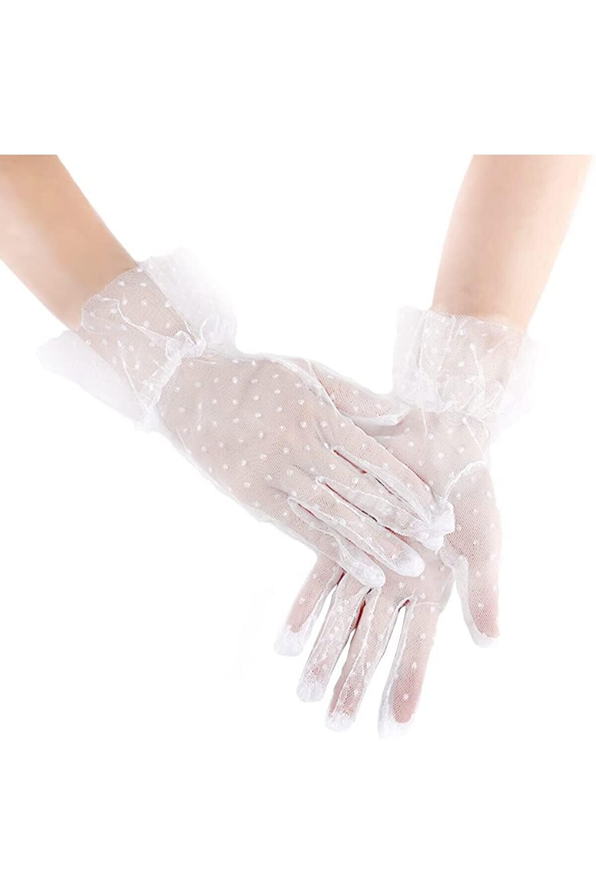 Ethab Ti̇caret Kısa Boy G&uuml;p&uuml;rl&uuml; Beyaz Puanti̇yeli̇ T&uuml;l Eldi̇ven