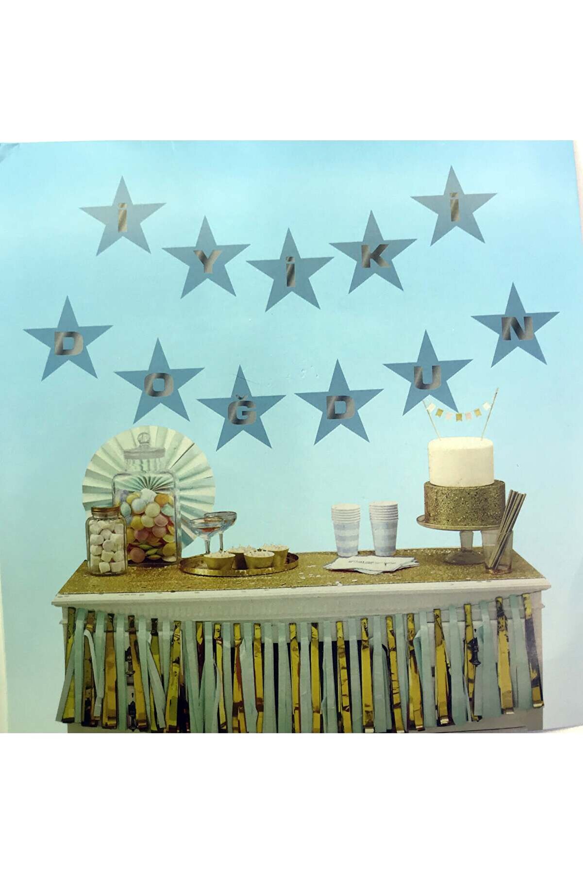 Ethab Ti̇caret Mavi̇ &Uuml;zeri̇ G&uuml;m&uuml;ş Yıldız İyi̇ki̇ Doğdun Flama S&uuml;s