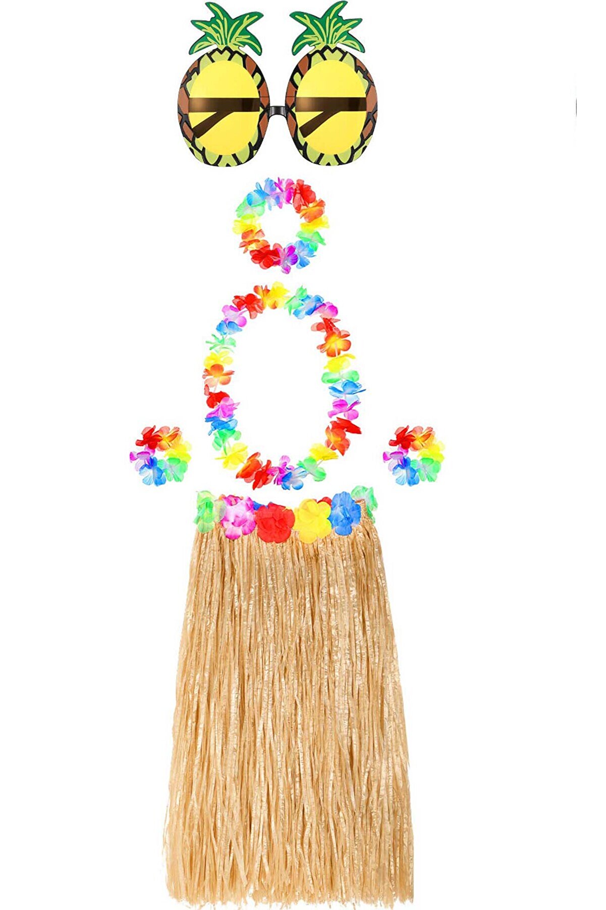 Ethab Ti̇caret Hawai̇i̇ Parti̇ Kost&uuml;m Seti̇ - 60 Cm Hasır Etek, &Ccedil;i̇&ccedil;ekli̇ Aksesuarlar Ve Ananas G&ouml;zl&uuml;k