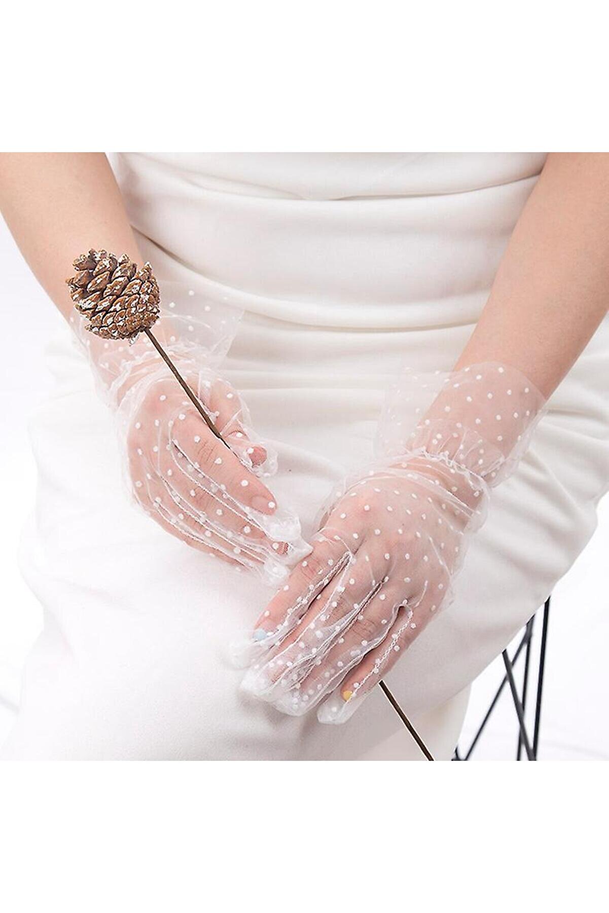 Ethab Ti̇caret Kısa Boy G&uuml;p&uuml;rl&uuml; Beyaz Puanti̇yeli̇ T&uuml;l Eldi̇ven