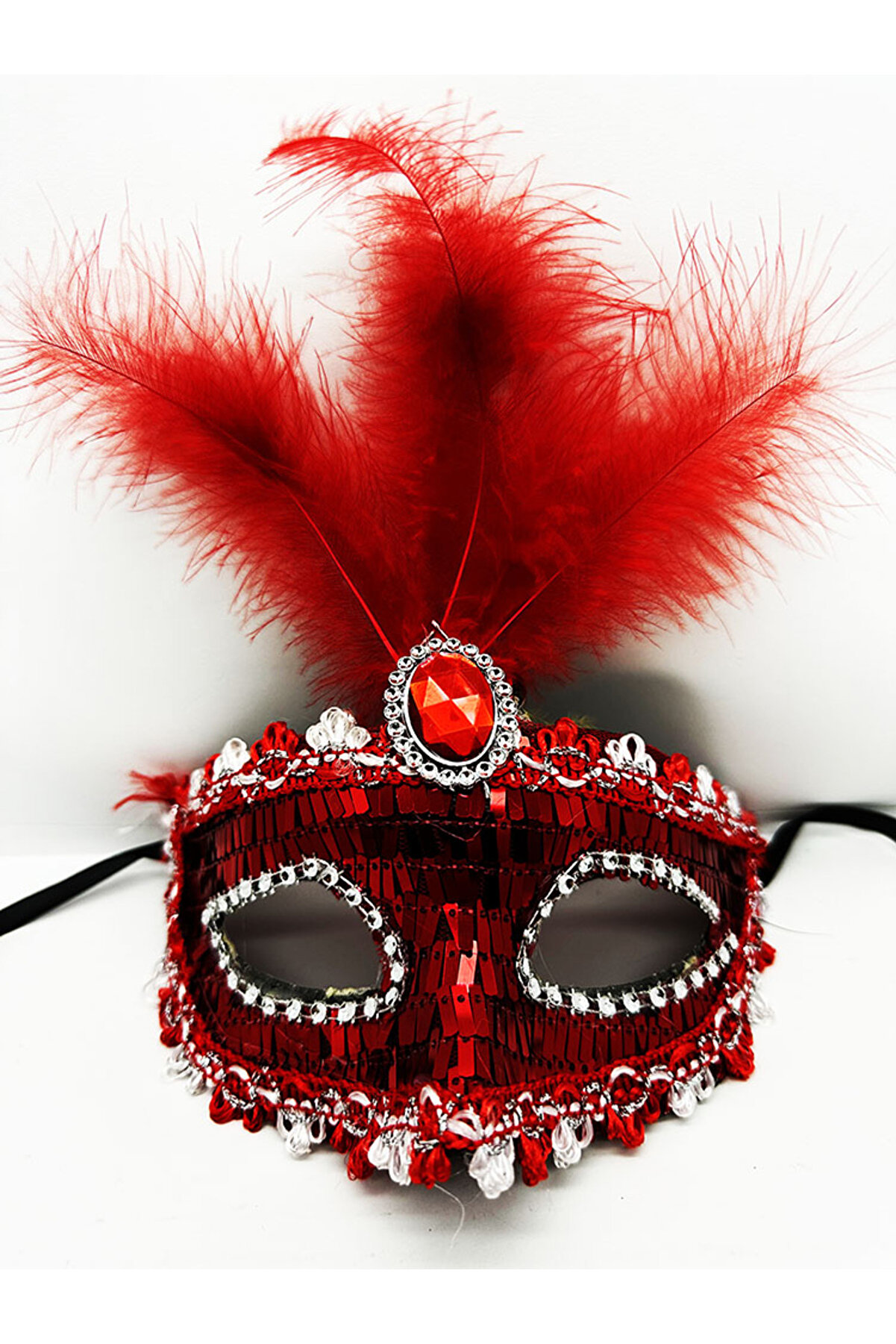 Ethab Ti̇caret Kırmızı Payetli̇ Pullu T&uuml;yl&uuml; Parti̇ Maskesi̇