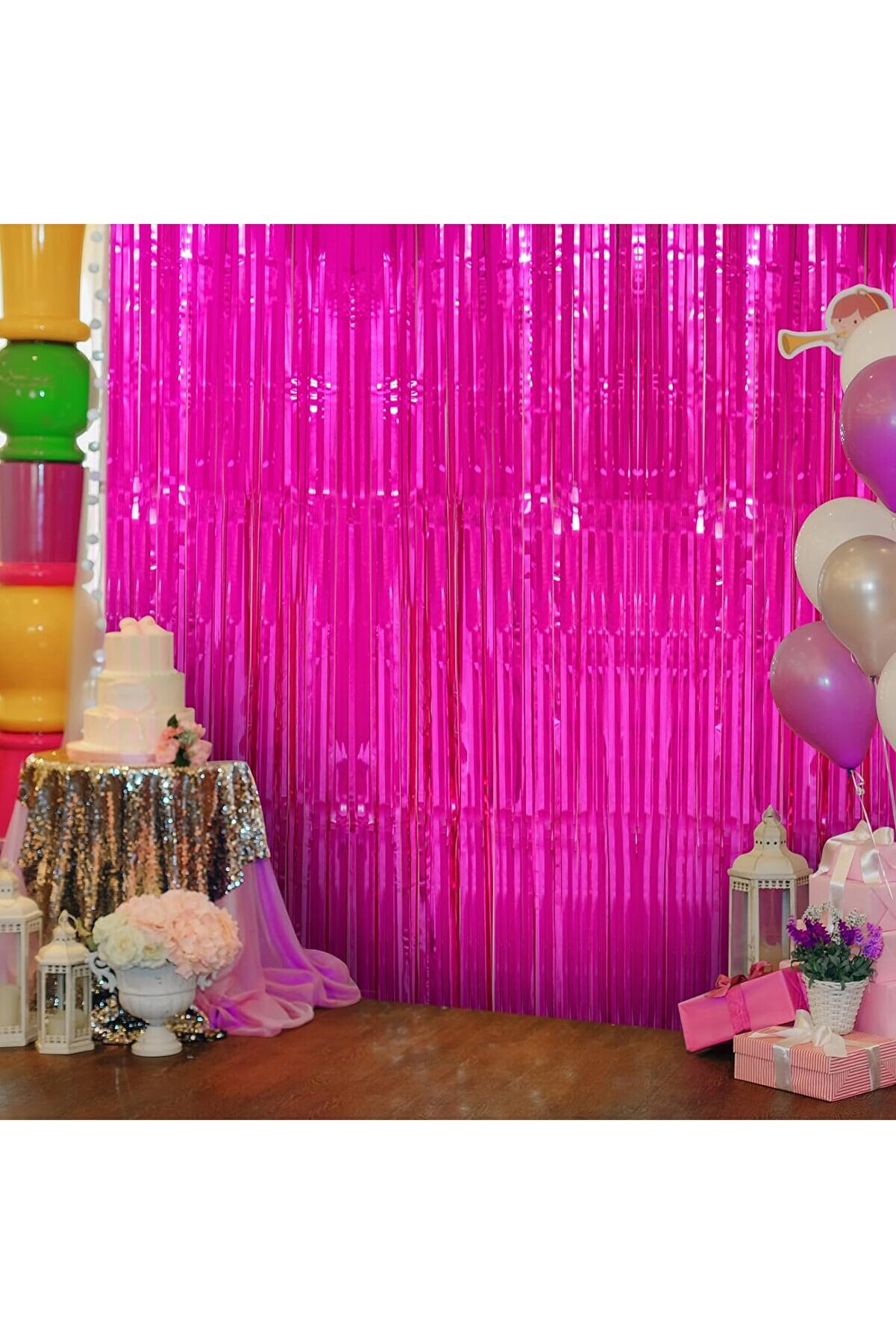 Ethab Ti̇caret Ekstra Metali̇ze Parlak Sa&ccedil;aklı Arka Fon Perde Fuşya