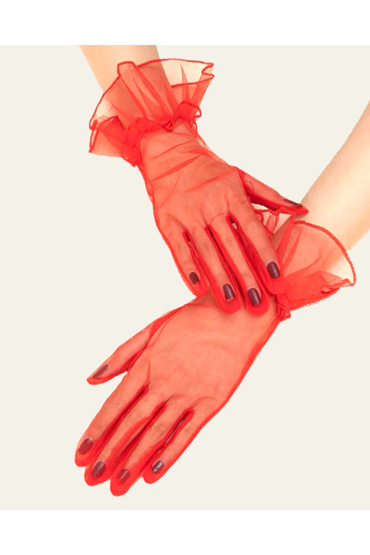 Ethab Ti̇caret Kısa Boy Li̇kralı G&uuml;p&uuml;rl&uuml; Yeti̇şki̇n T&uuml;l Eldi̇ven Kırmızı Renk