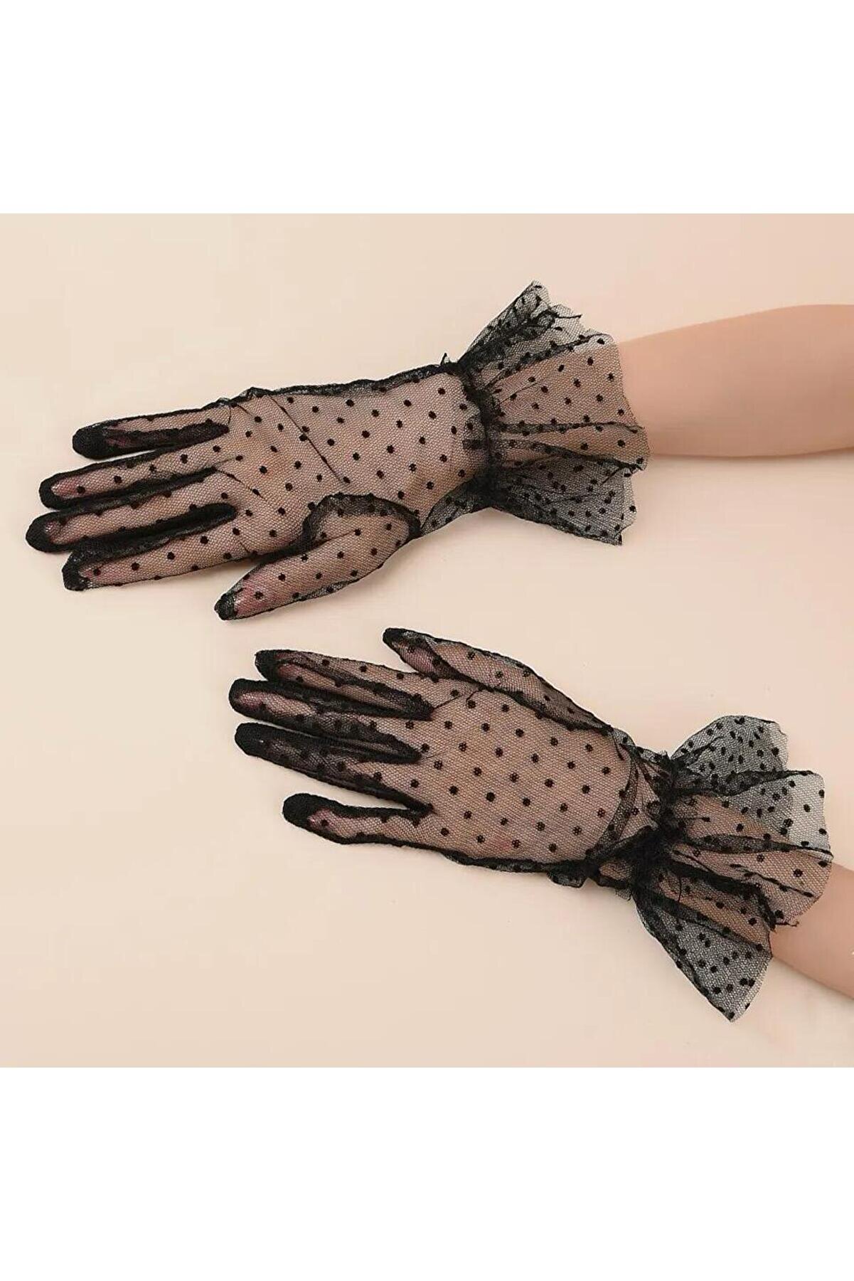 Ethab Ti̇caret Kısa G&uuml;p&uuml;rl&uuml; Si̇yah Puanti̇yeli̇ T&uuml;l Eldi̇ven