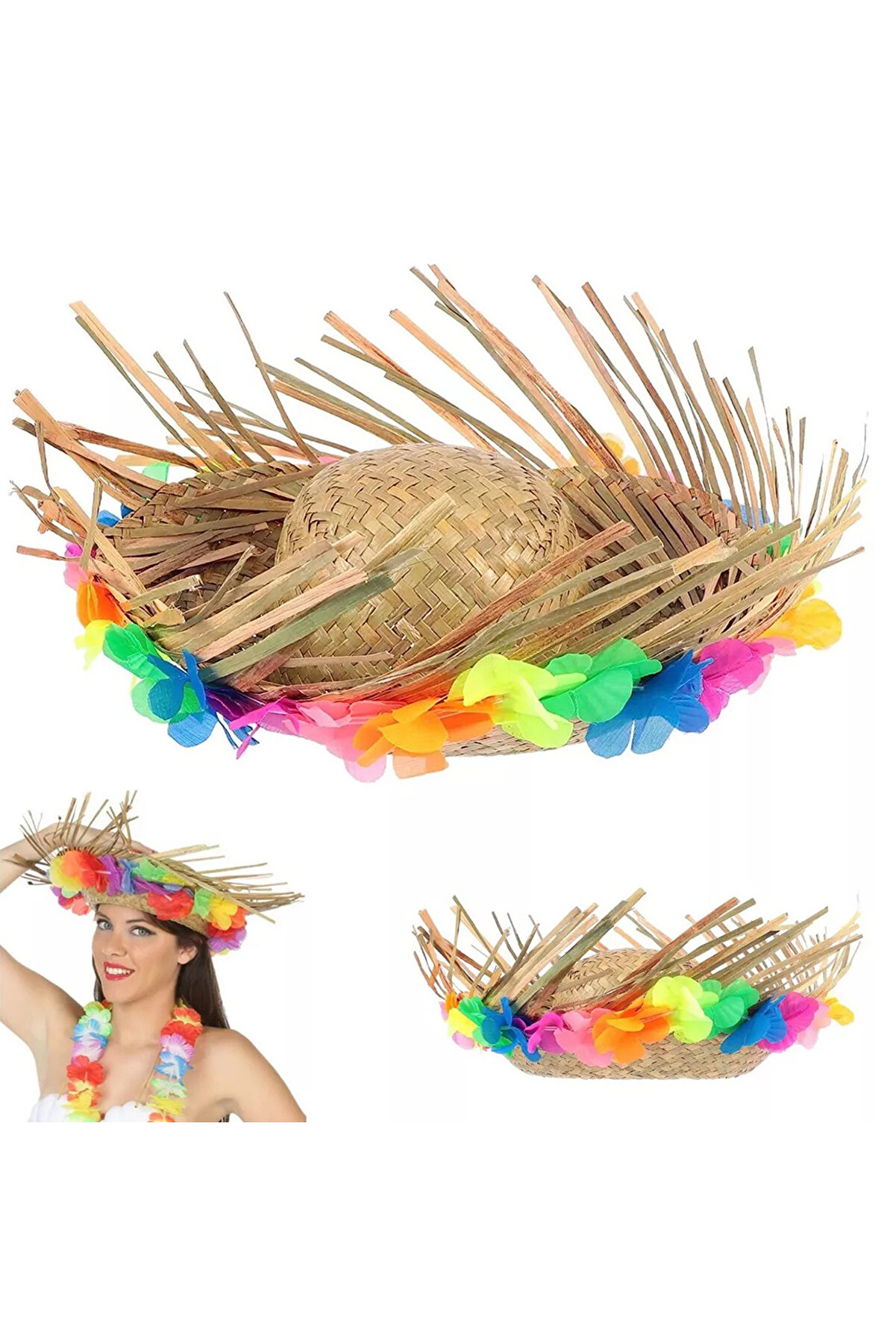 Ethab Ti̇caret Natural Renkli̇ P&uuml;sk&uuml;ll&uuml; &Ouml;rme Hasır Hawai̇i̇ Şapka