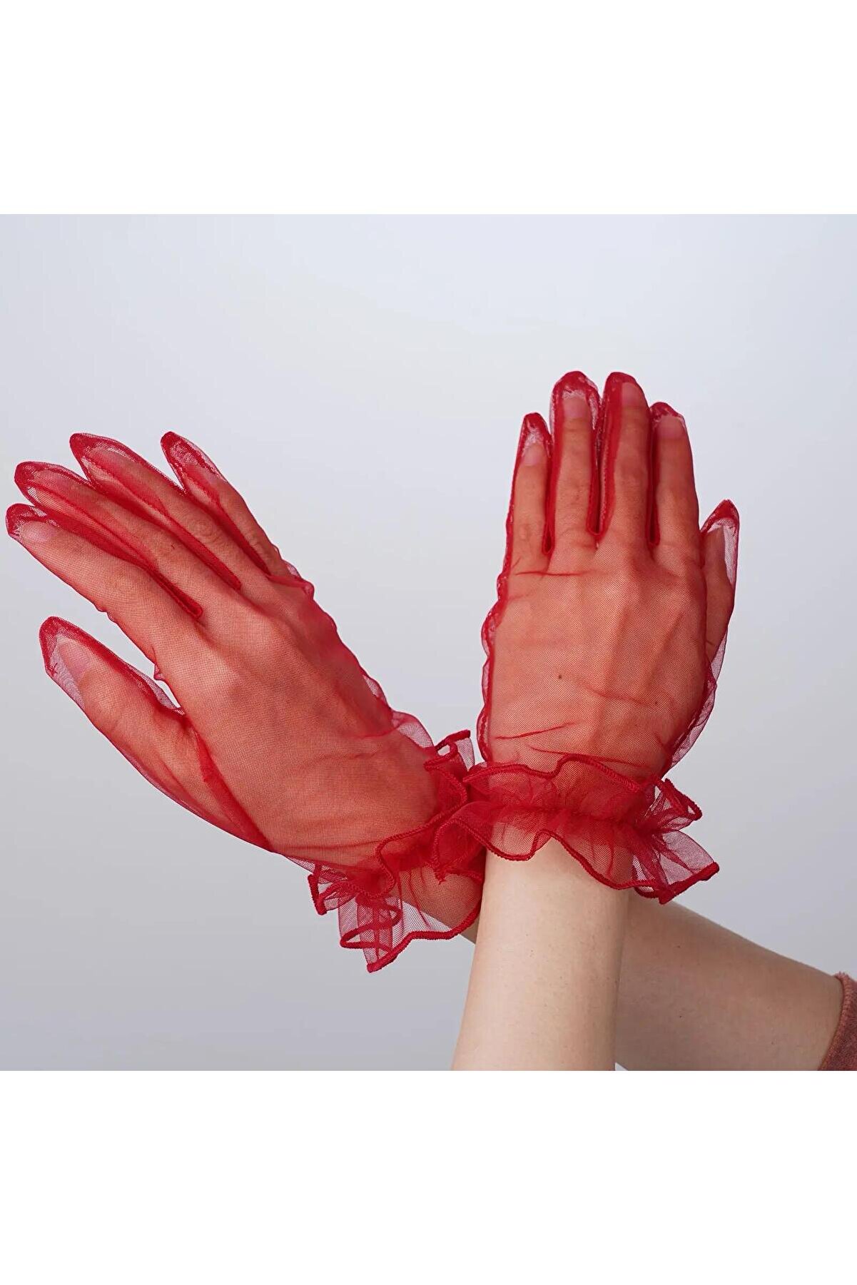 Ethab Ti̇caret Kısa Boy Li̇kralı G&uuml;p&uuml;rl&uuml; Yeti̇şki̇n T&uuml;l Eldi̇ven Kırmızı Renk