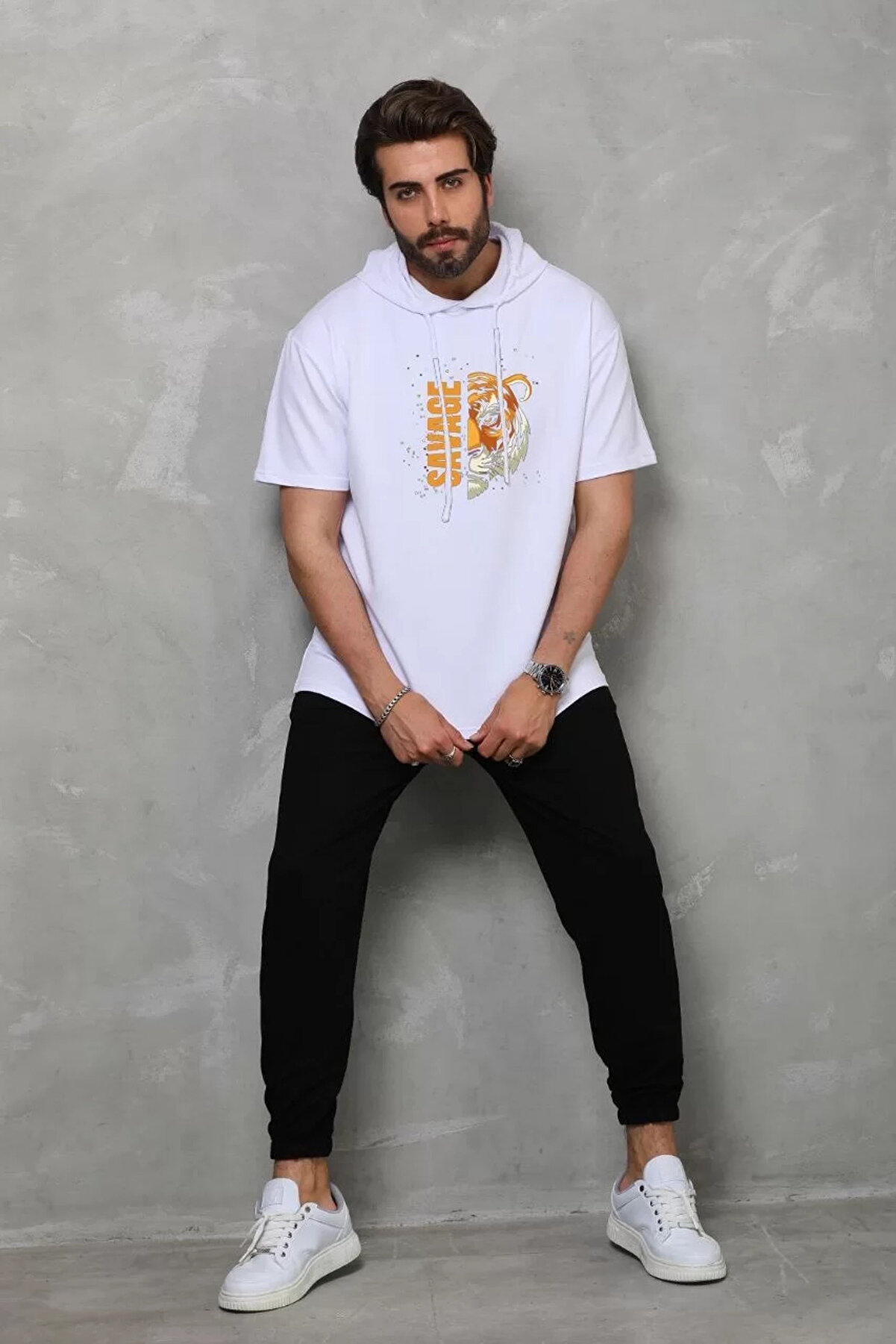 Bizcomoda Unisex Kapşonlu Kısa Kol Oversize Baskılı T-shirt - Beyaz