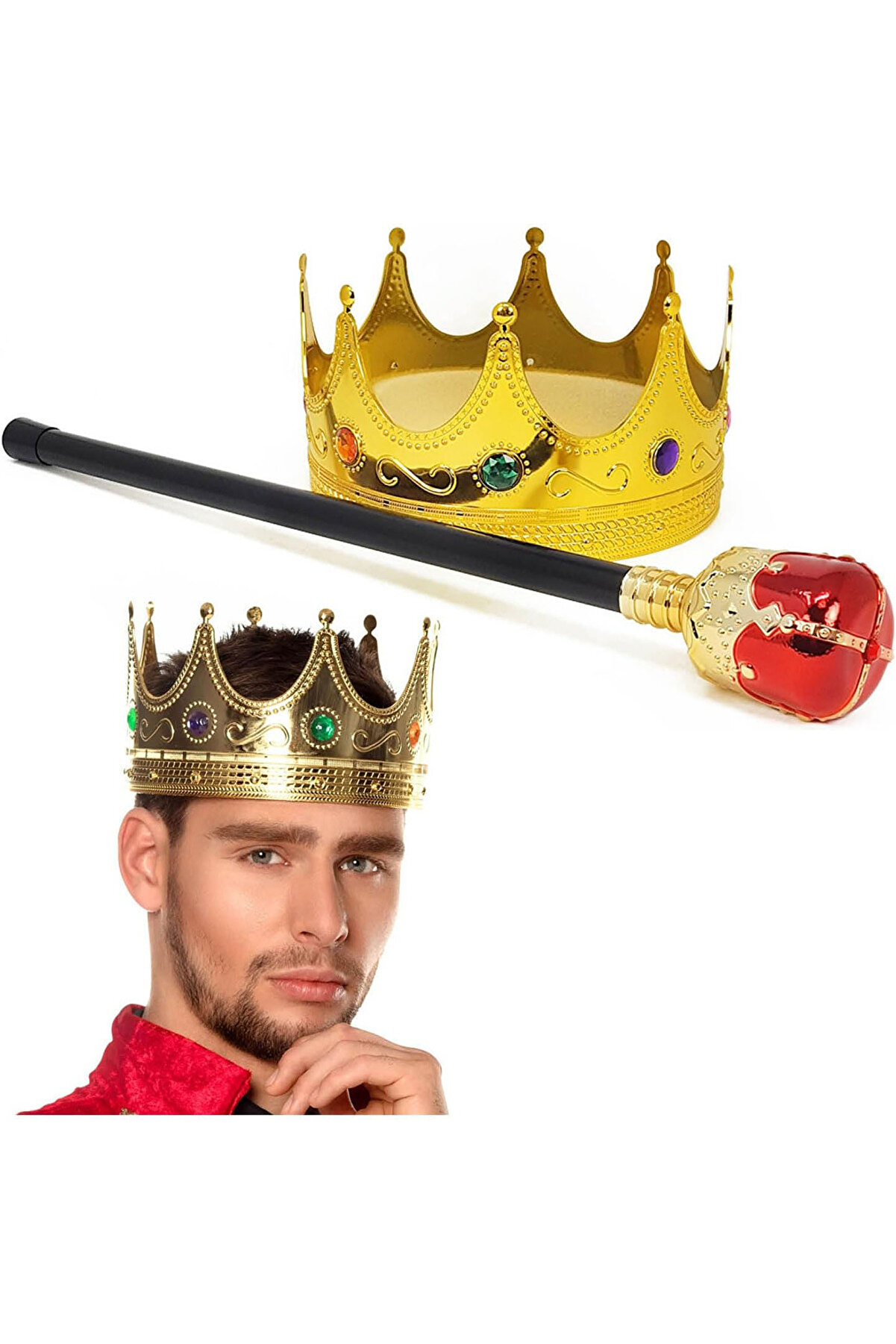 Ethab Ti̇caret Altın Kral Tacı Ve Kırmızı Topuzlu Asası Seti̇