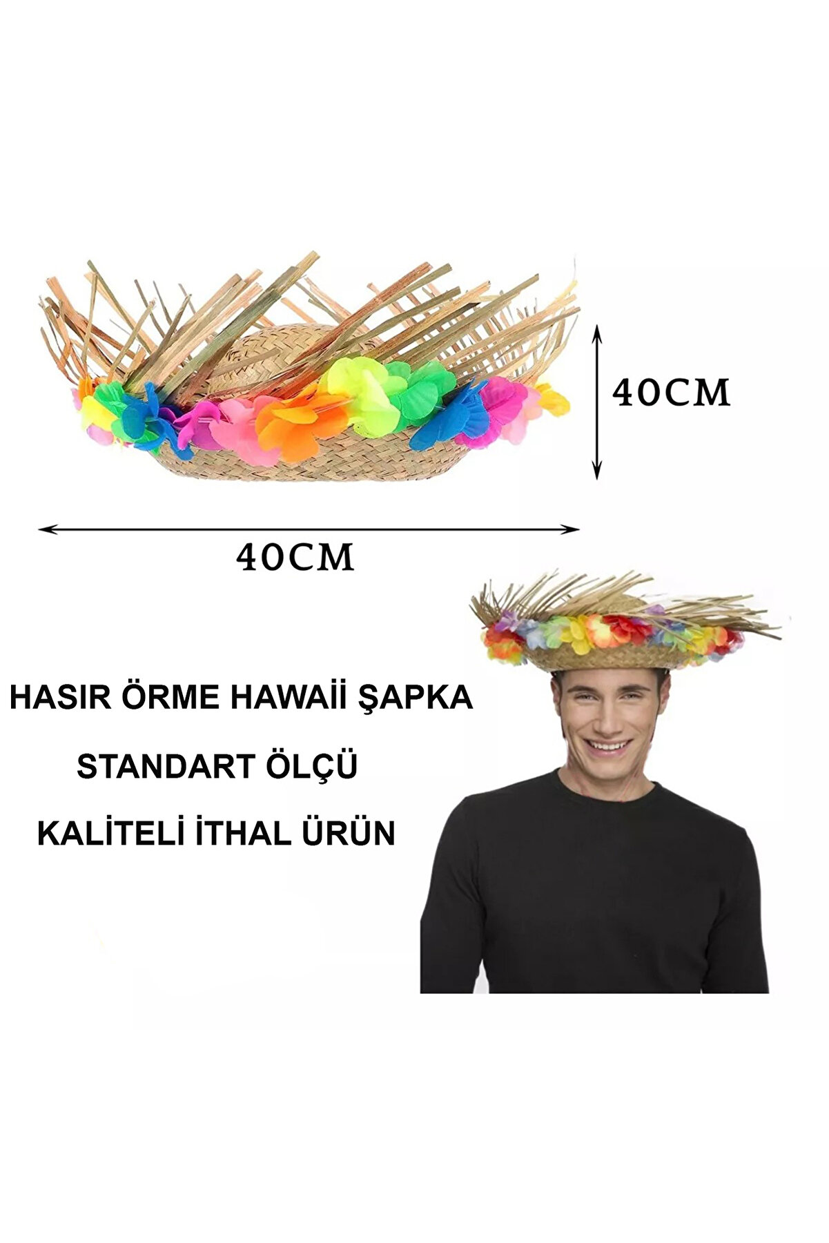 Ethab Ti̇caret Natural Renkli̇ P&uuml;sk&uuml;ll&uuml; &Ouml;rme Hasır Hawai̇i̇ Şapka