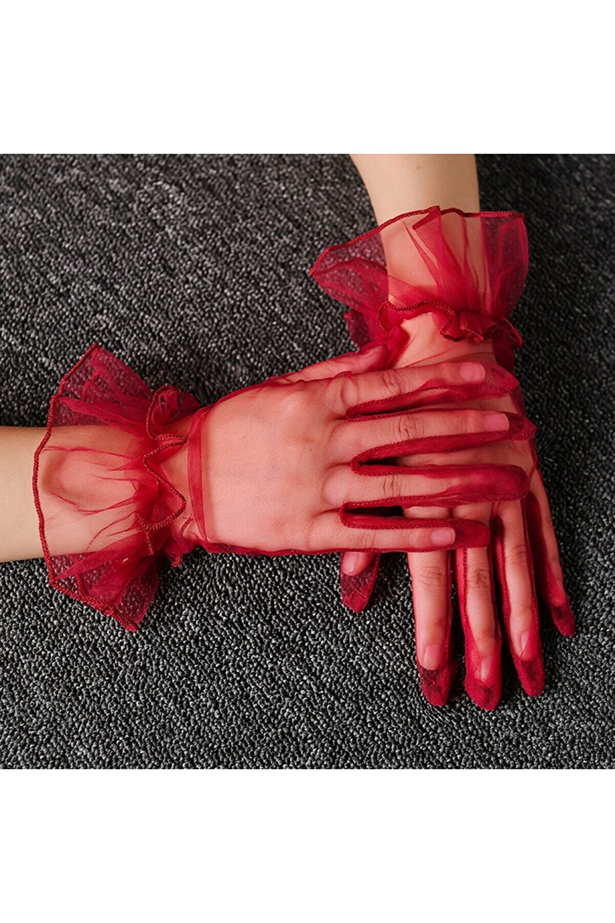 Ethab Ti̇caret Kısa Boy Li̇kralı G&uuml;p&uuml;rl&uuml; Yeti̇şki̇n T&uuml;l Eldi̇ven Kırmızı Renk