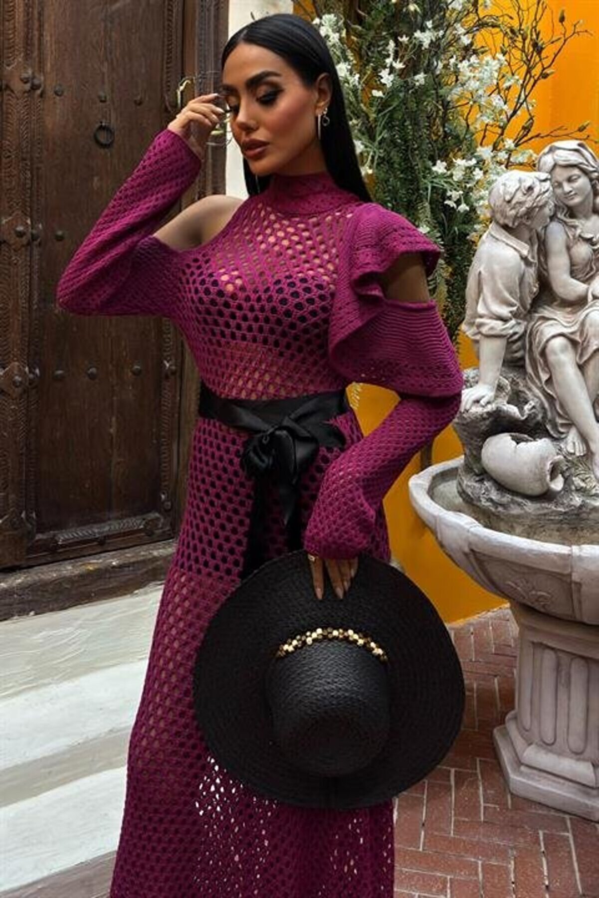 Eyesof Saten Kuşaklı Ajurlu Tri̇ko Elbi̇se 2847