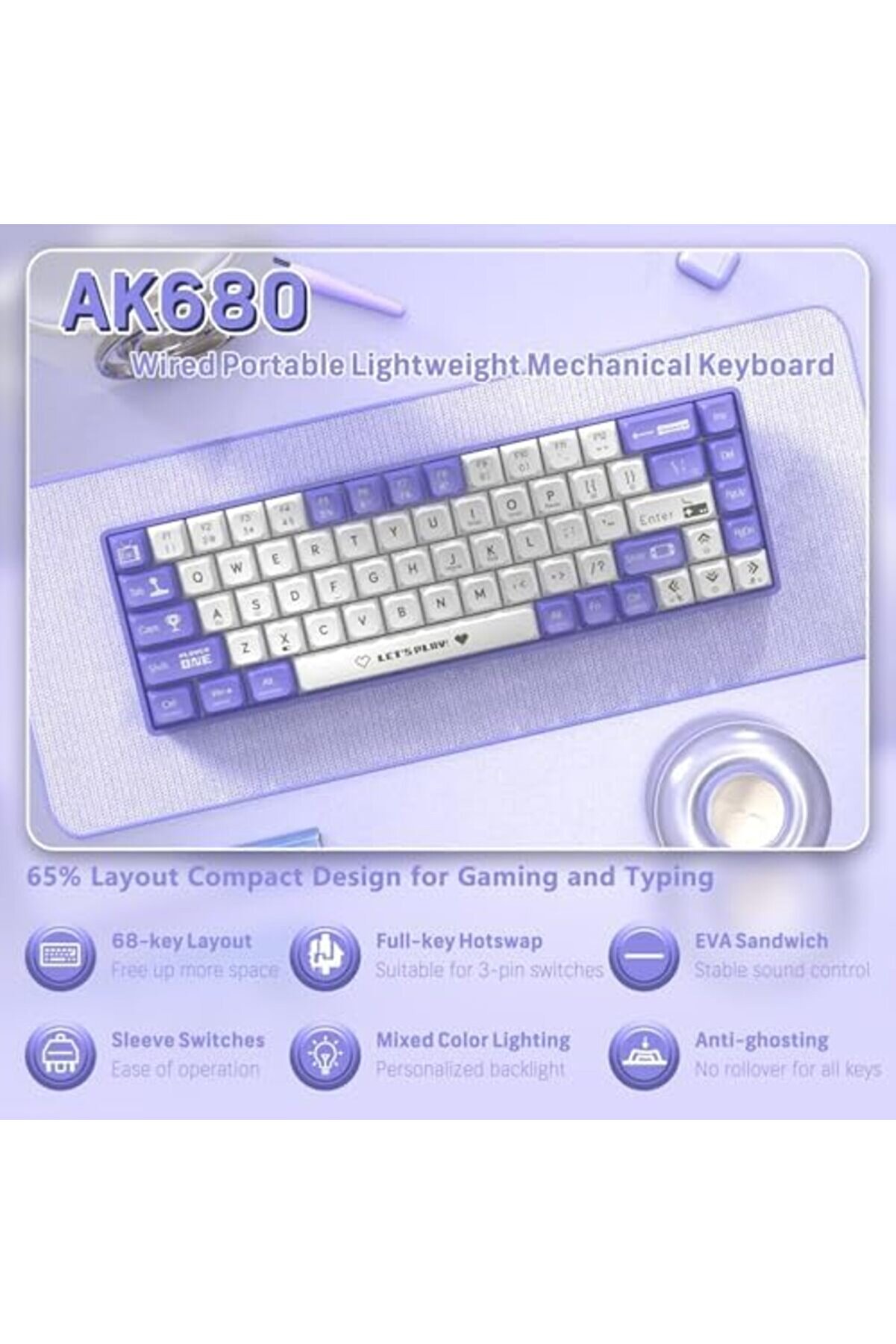 Ajazz Ak680 65% Kablolu Hotswap Mekani̇k Oyun Klavyesi̇,68 Tuşlu Taşınabi̇li̇r Anti̇-Ghosti̇ng Klavye,Gök