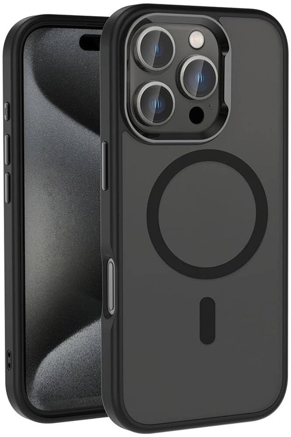 STOREMAX ynsShoping ile uyumlu 16 Pro Max Kılıf M-safe Şarj Özellikli Parlak Kamera Çerçeveli Kost Kapak Siya