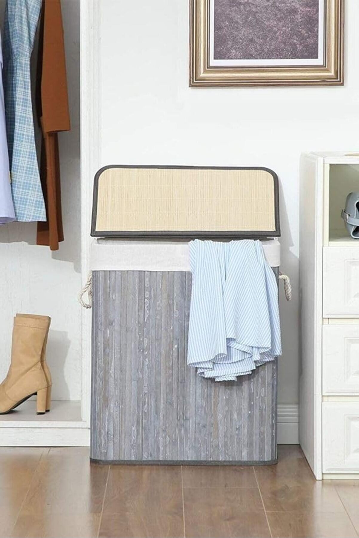 STOREMAX ynsShoping El Yapımı Hasır Katlanır Çamaşır Sepeti Dikdörtgen 72 Litre (40cm*30cm*61cm), Malzemeden