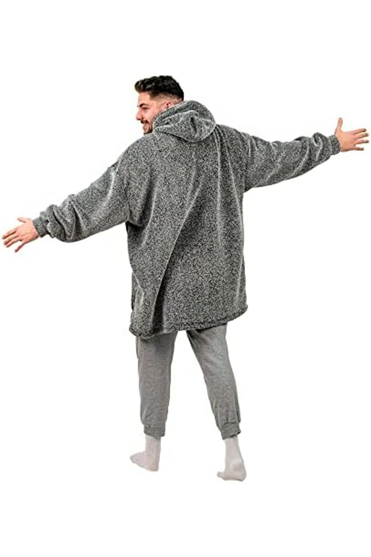 Oversi̇ze Gi̇yi̇lebi̇li̇r Battani̇ye Tek Beden Çok Rahat Hoodi̇e Peluş Kapüşonlu Sweatshi̇rt (Gri̇-Si̇yah) 10