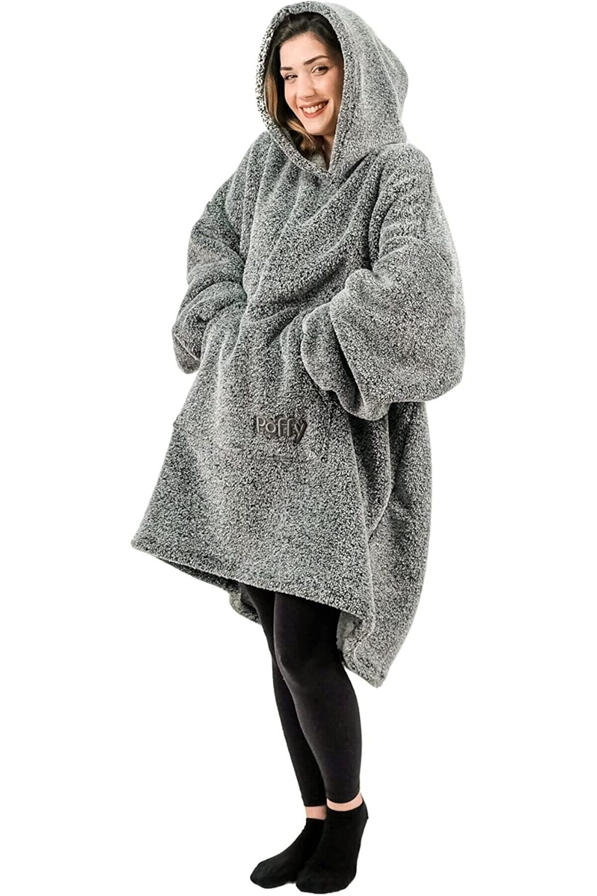STOREMAX Oversize Giyilebilir Battaniye TEK BEDEN ÇOK RAHAT Hoodie Peluş Kapüşonlu Sweatshirt (Gri-Siyah) 10