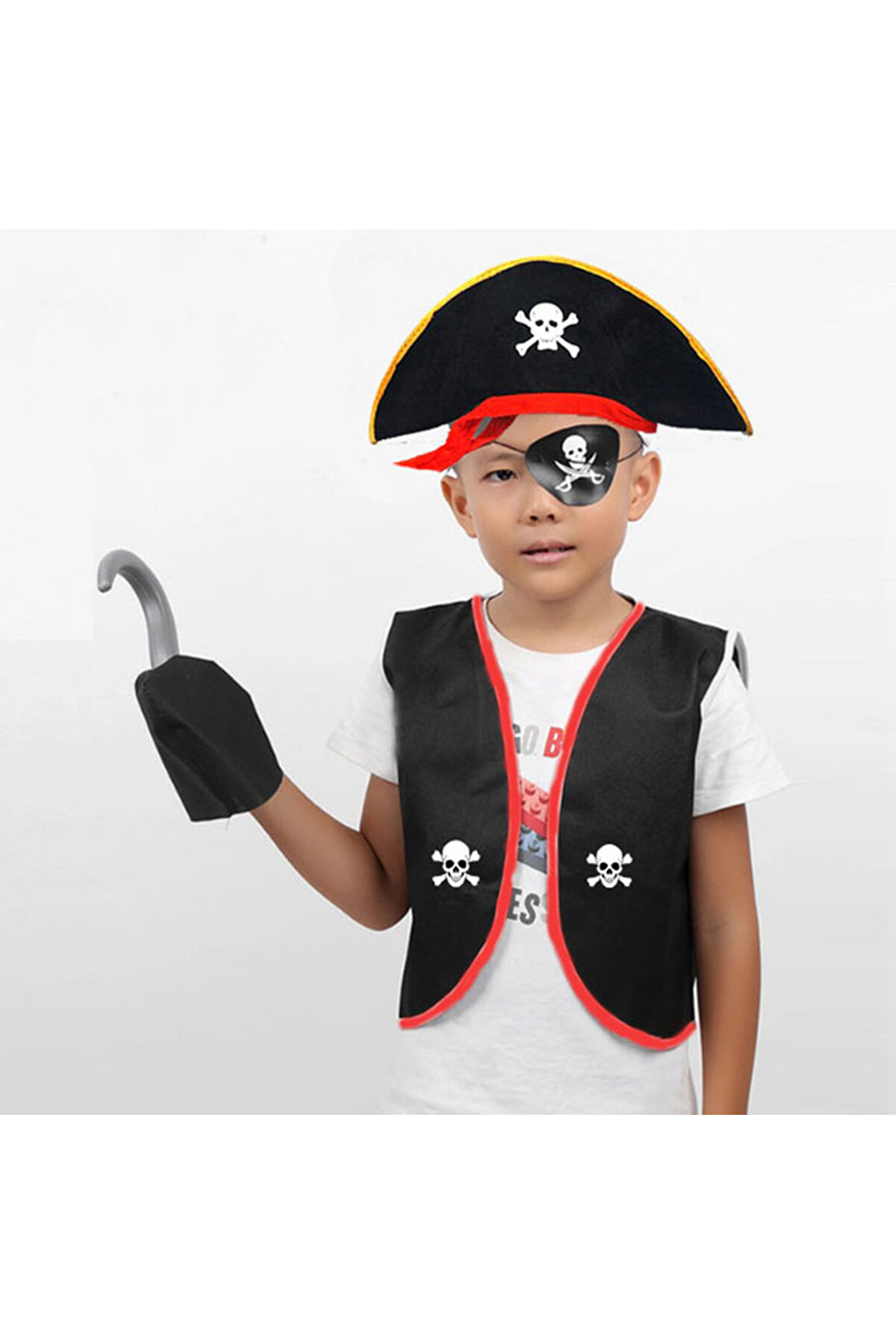 evimdeyokyok Korsan Yelek + Şapka + Kanca + Maske Çocuk Boy 4-6 Yaş