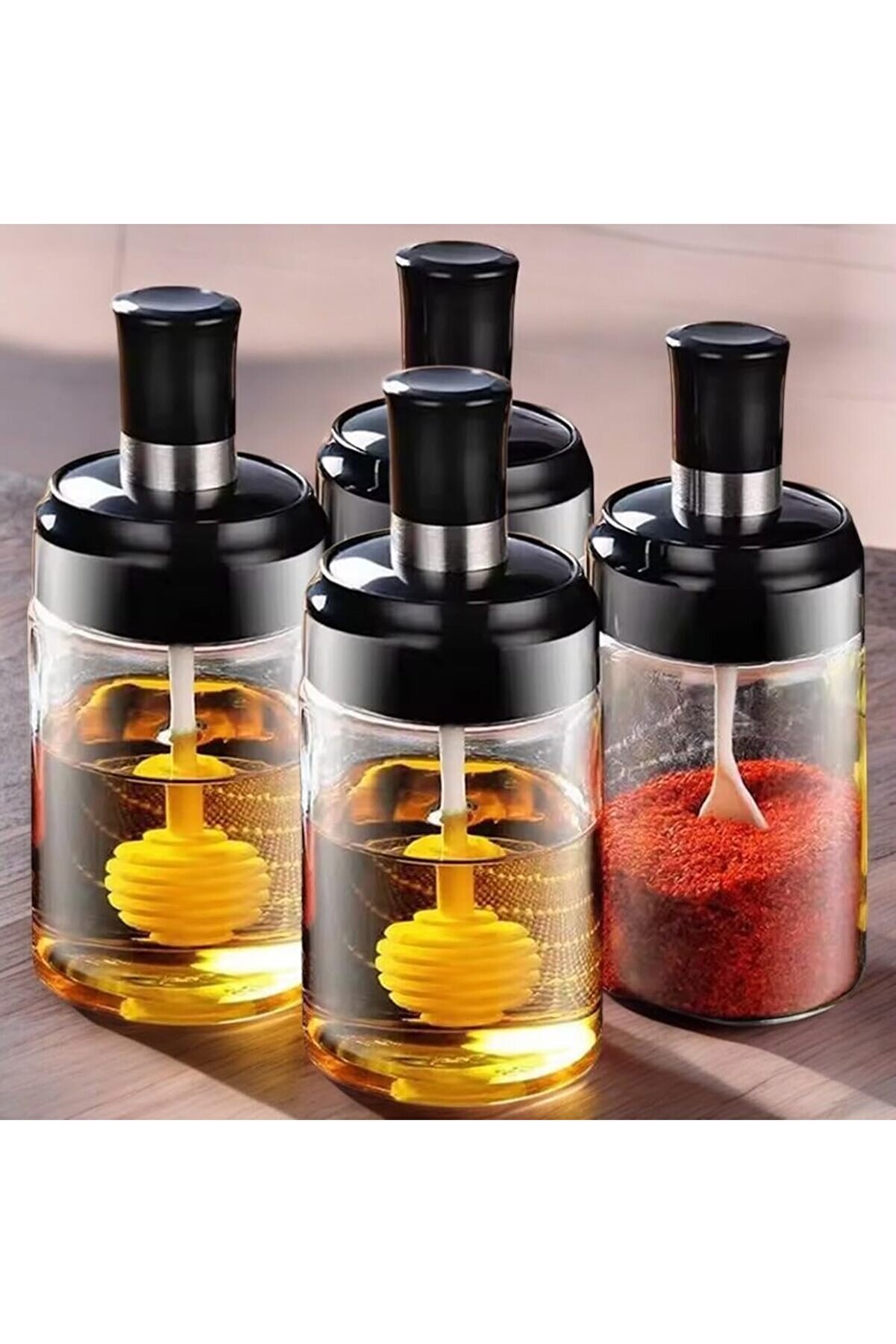 STOREMAX snShop Baharatlık ve Ballık Seti, 4'lü Kavanoz Seti, Kendinden Kaşıklı, Siyah Kapaklı 300 mL