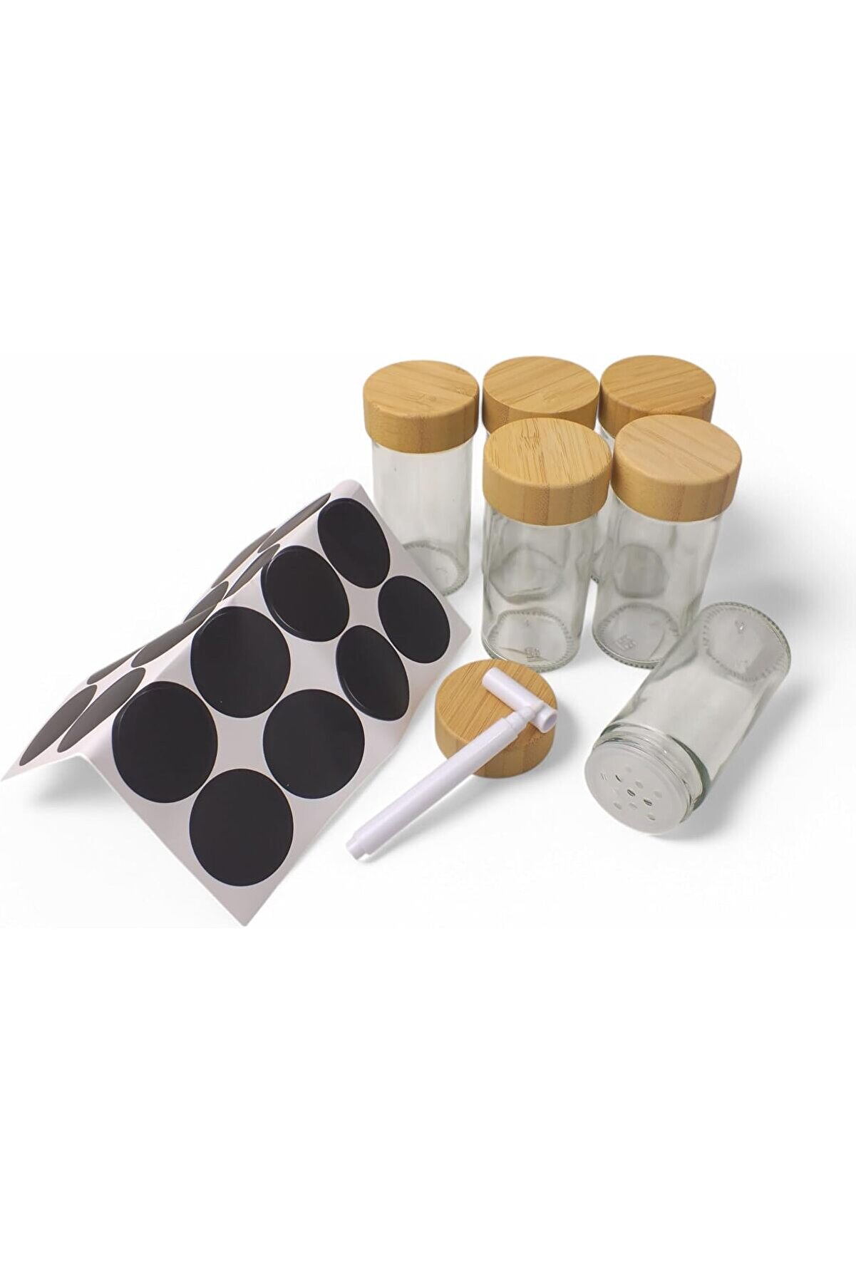 STOREMAX 6'lı Etiketli ve Beyaz Kalemli Baharat Cam Kavanozlar, Baharatlarınızı Ayırabileceğin