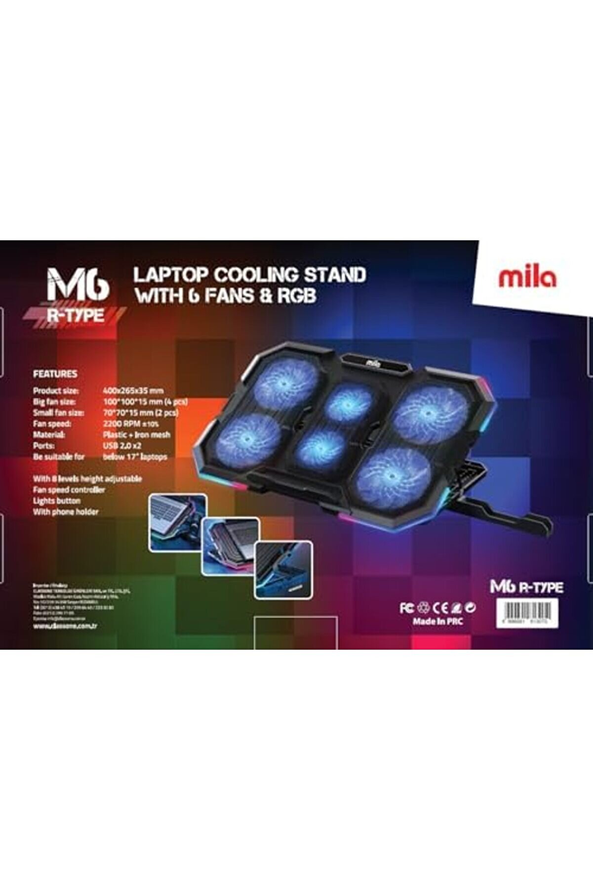 Mi̇la Seri̇si̇ M6 R-Type 13-17 İnch Uyumlu 2200 Rpm, Rgb Işıklı, 6 Fan, Telefon Stand, 2 Us