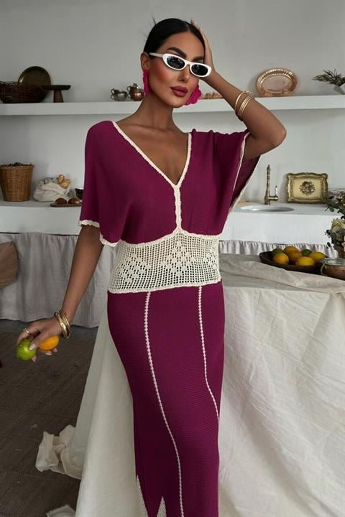 Dantel Desenli̇ V Yaka Tri̇ko Elbi̇se 2844