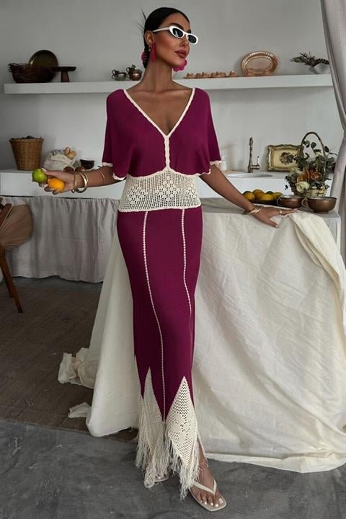 TRENDMEN Dantel Desenli V Yaka Triko Elbise 2844