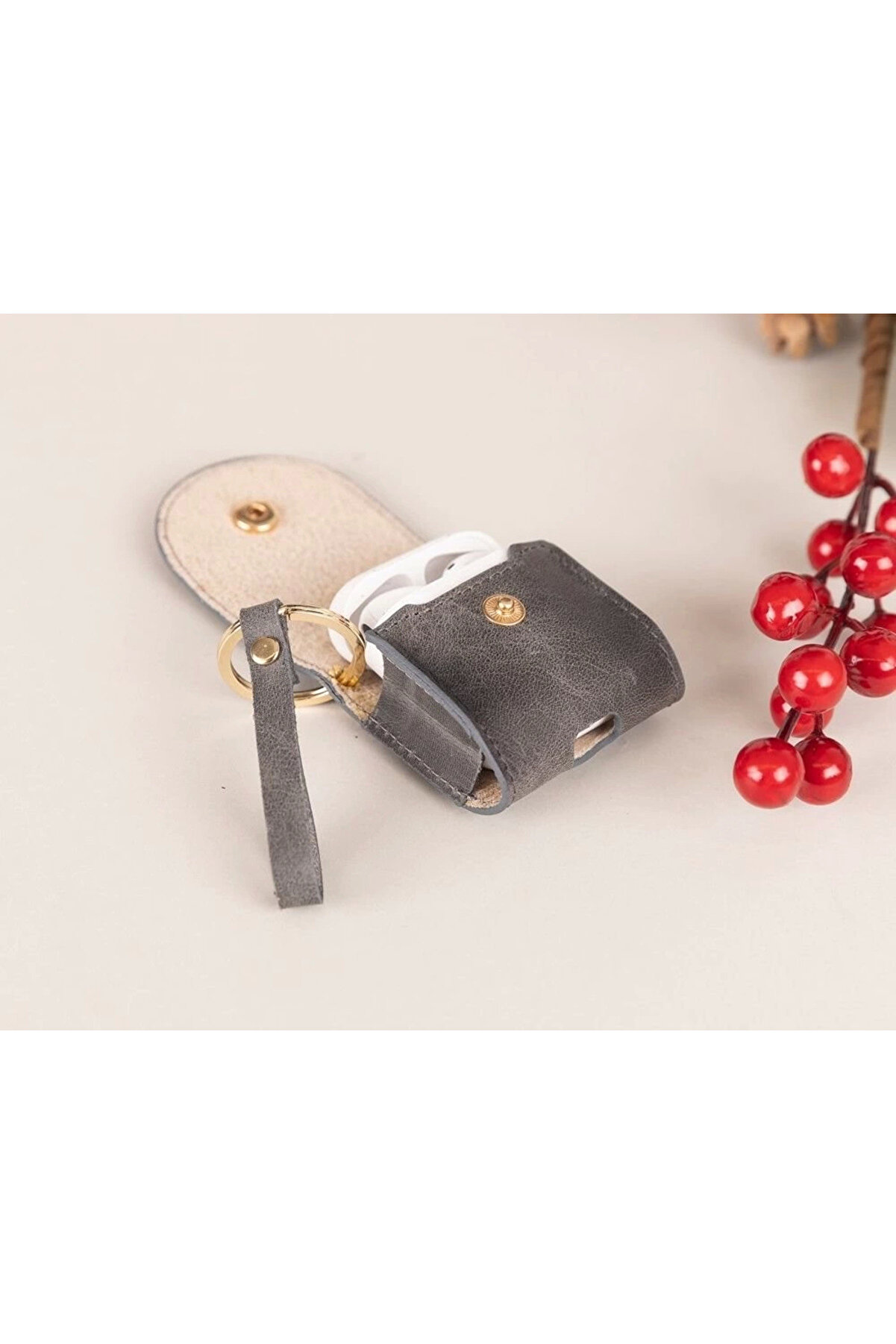 Apple Ai̇rpods 2.Nesi̇l Uyumlu Deri̇ Kılıf Mai̇ Snap Vs05 Gri̇