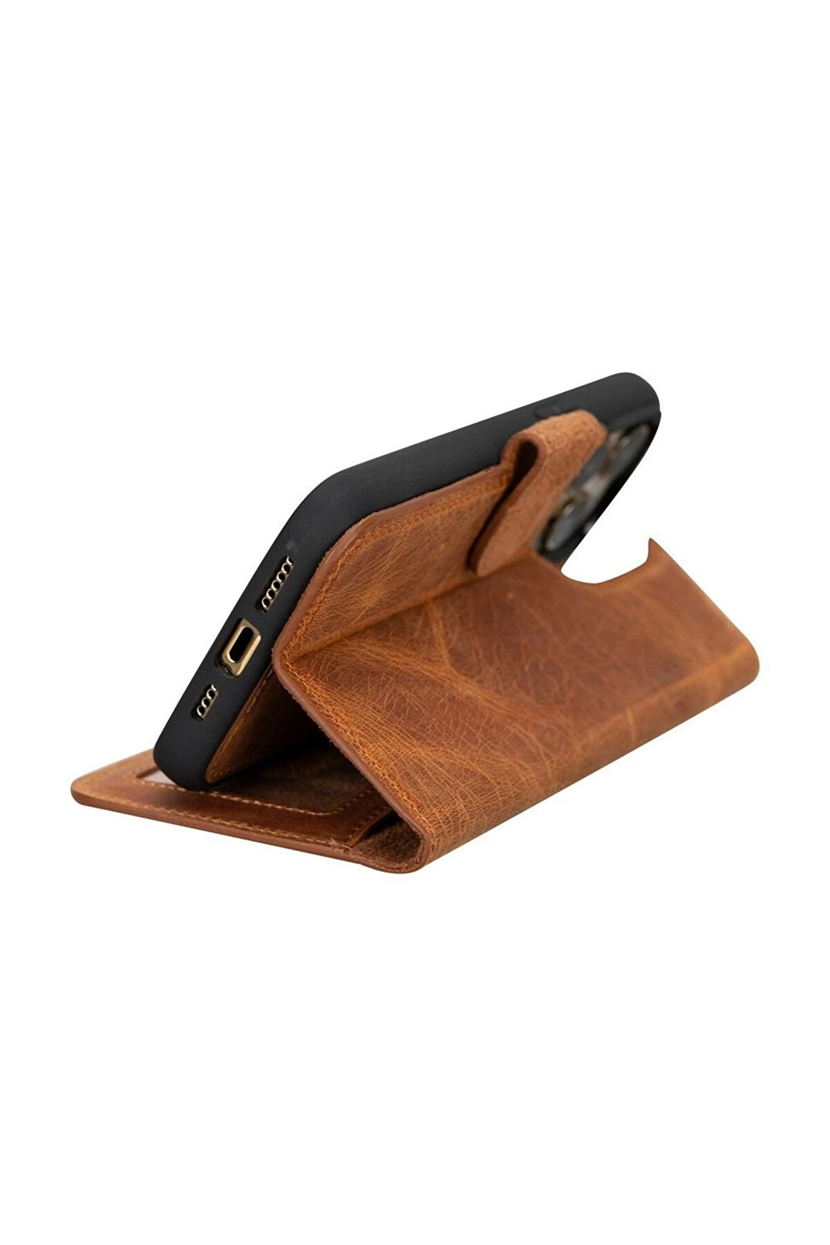 Apple İphone 15 Pro Max Uyumlu Deri̇ C&uuml;zdanlı Kılıf Mwwn G19 Taba